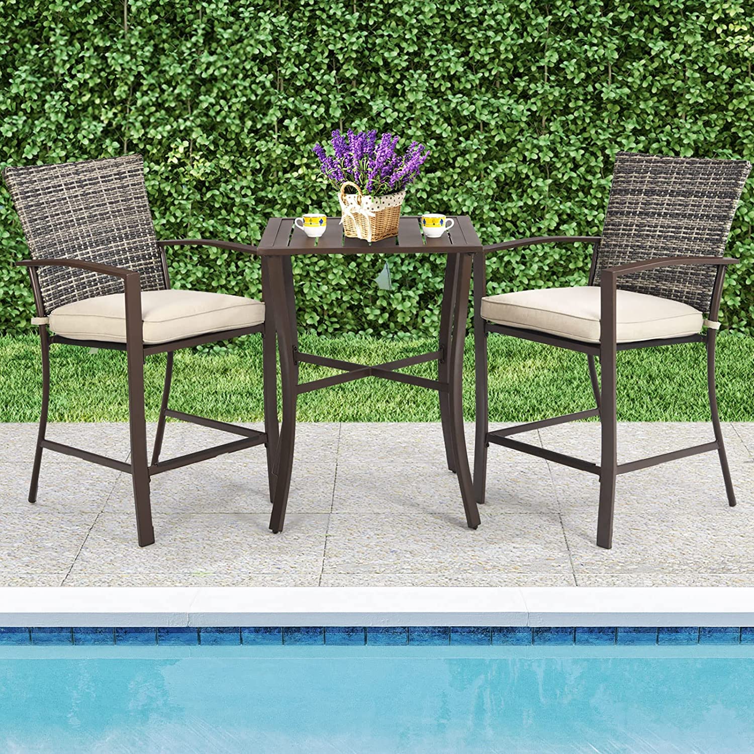 3-Pieces Rattan Patio Outdoor Conversation Furniture Set with Slat Table and Beige Cushions