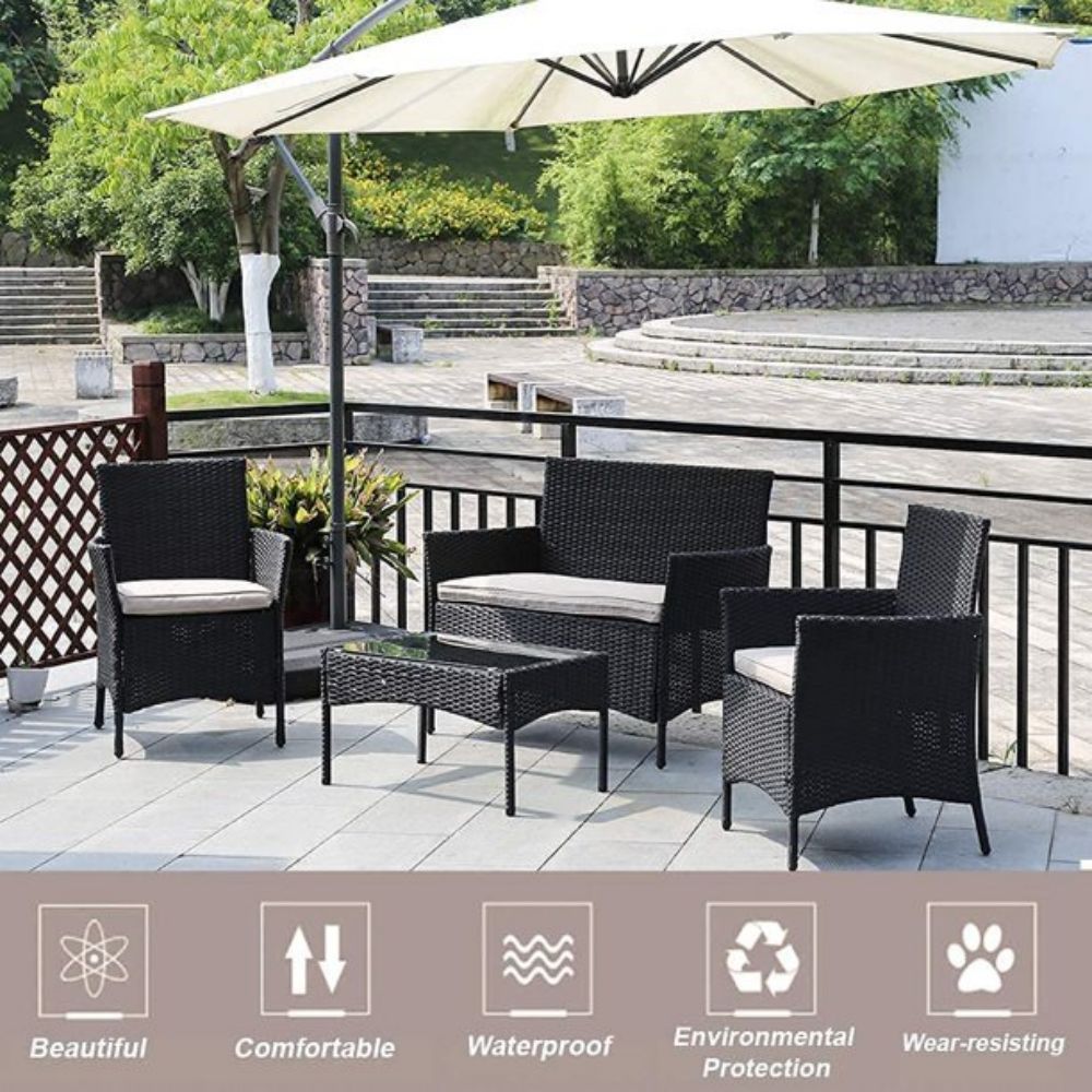4-Piece Rattan Outdoor Conversation Seating Set with Beige Cushion and Patio Tempered Glass Table
