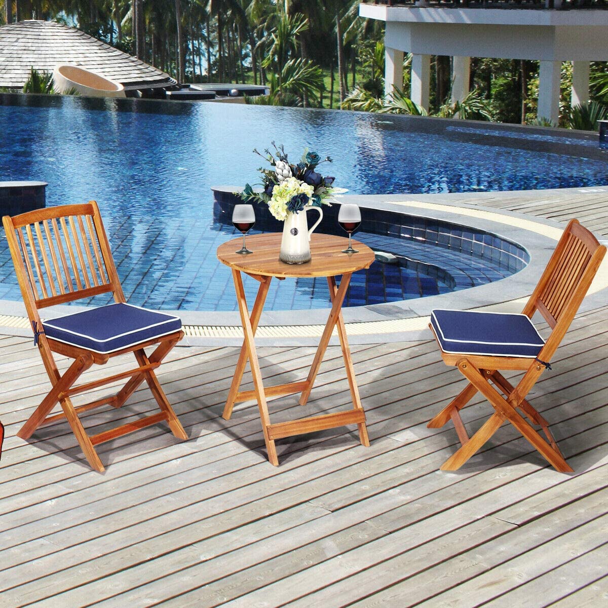 3-Piece Patio Folding Wooden Outdoor Bistro Set with Blue Cushions