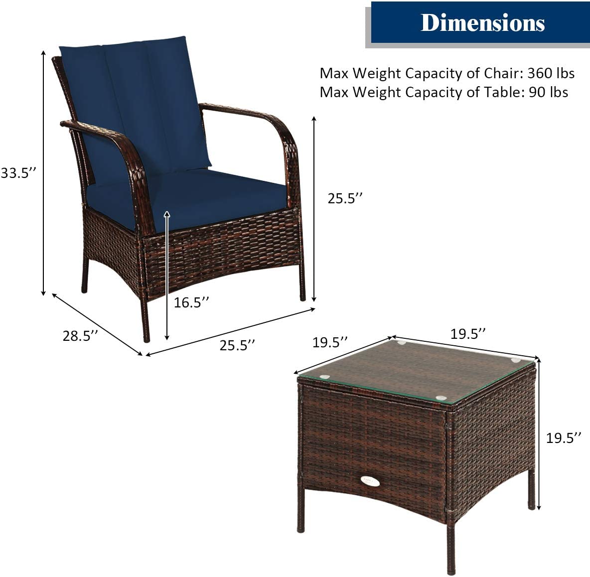 3-Pieces Outdoor Wicker Patio Conversation Furniture Set with Navy Cushion