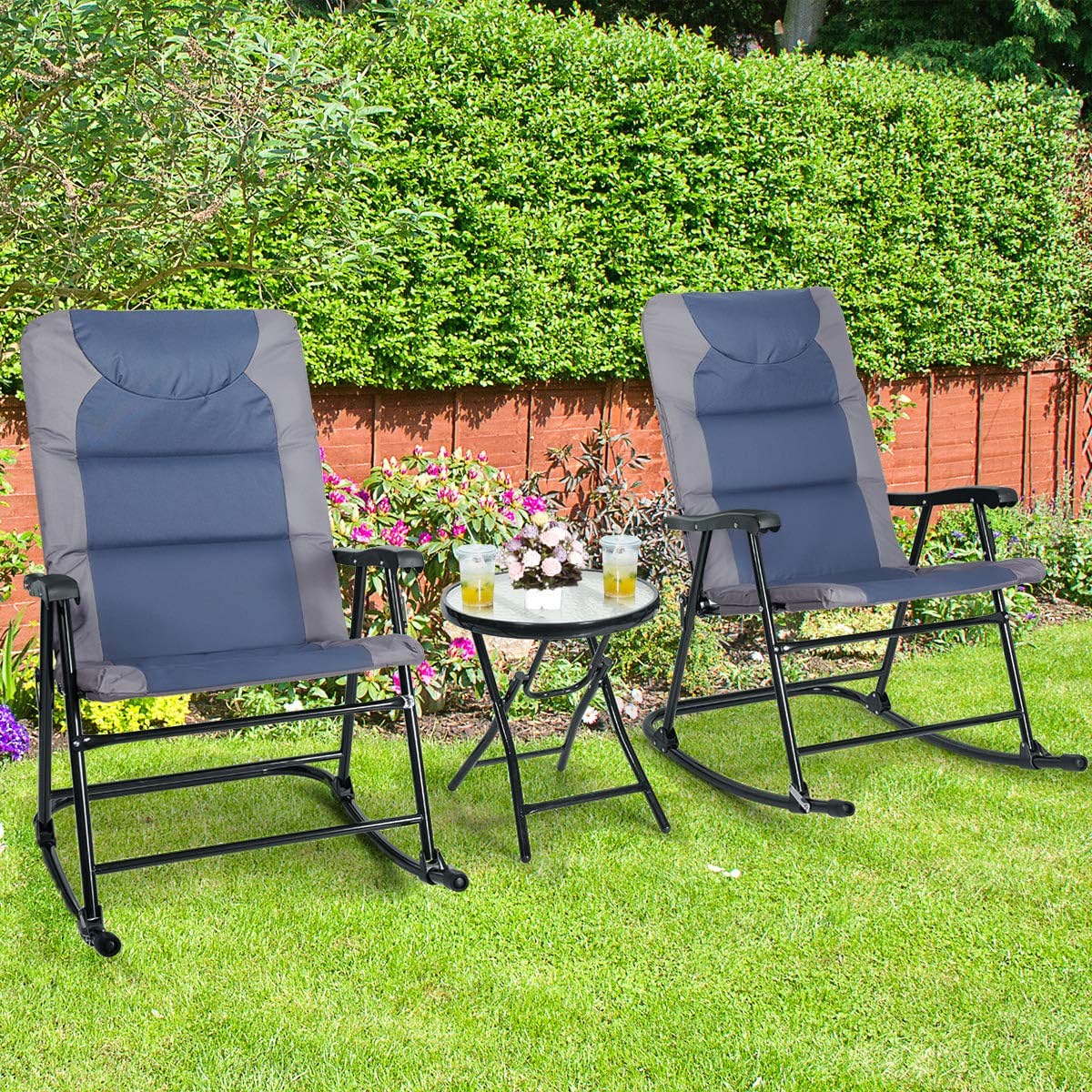 3-Piece Outdoor Folding Rocking Chair Conversation Set with Blue and Grey Cushion