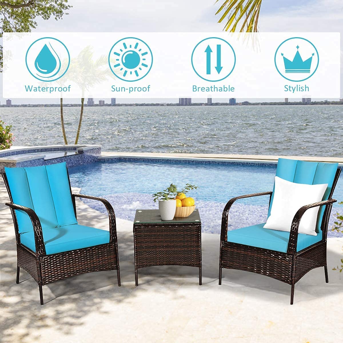 3-Pieces Outdoor Wicker Patio Conversation Furniture Set with Turquoise Cushion