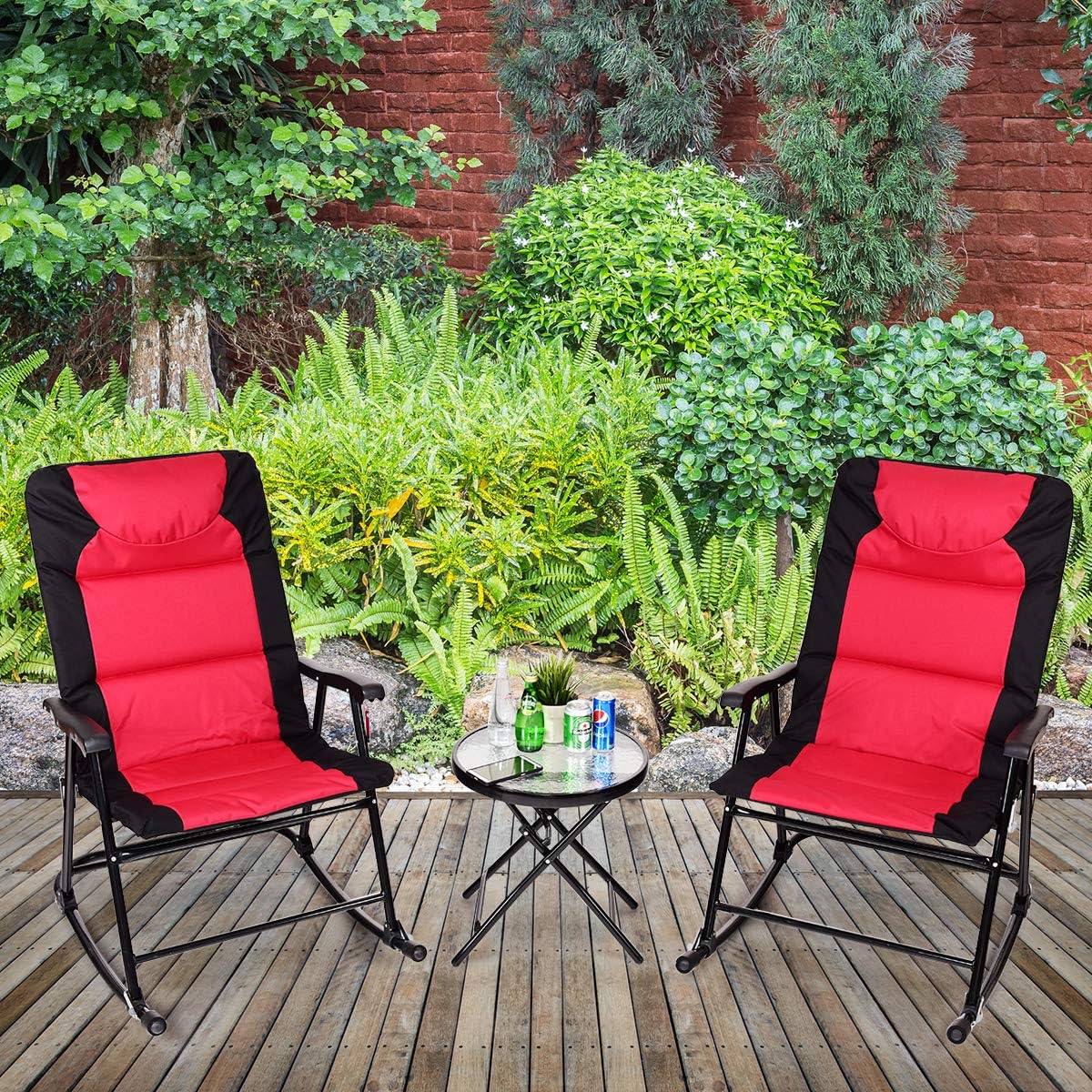 3-Piece Outdoor Folding Rocking Chair Conversation Set with Red and Grey Cushion