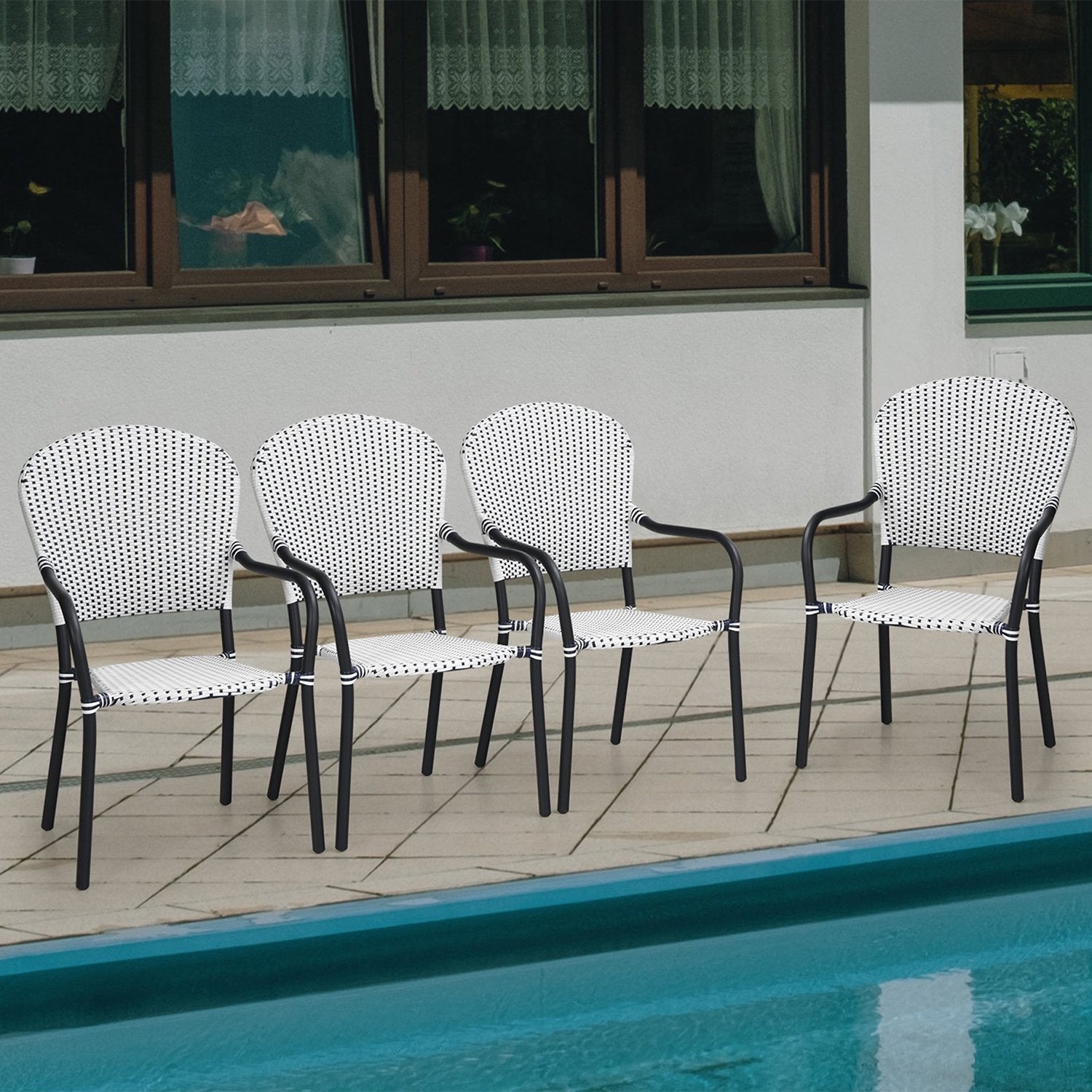 SUGIFT Patio Wicker Rattan Dining Chairs Set of 4 White Blue