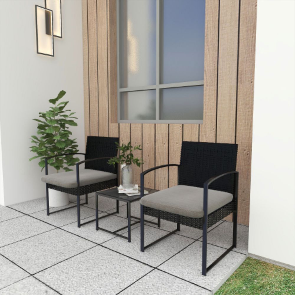 Black 3-Piece Rattan Wicker Outdoor Patio Conversation Set with Gray Cushion