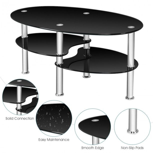 Tempered Glass Coffee Table Oval Side Desk Modern End Table