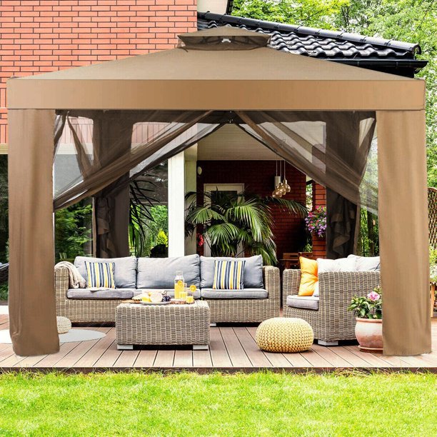SUGIFT 10x10 Ft Outdoor Gazebo Patio Tents Garden Canopy Shelter W/ Netting, Brown