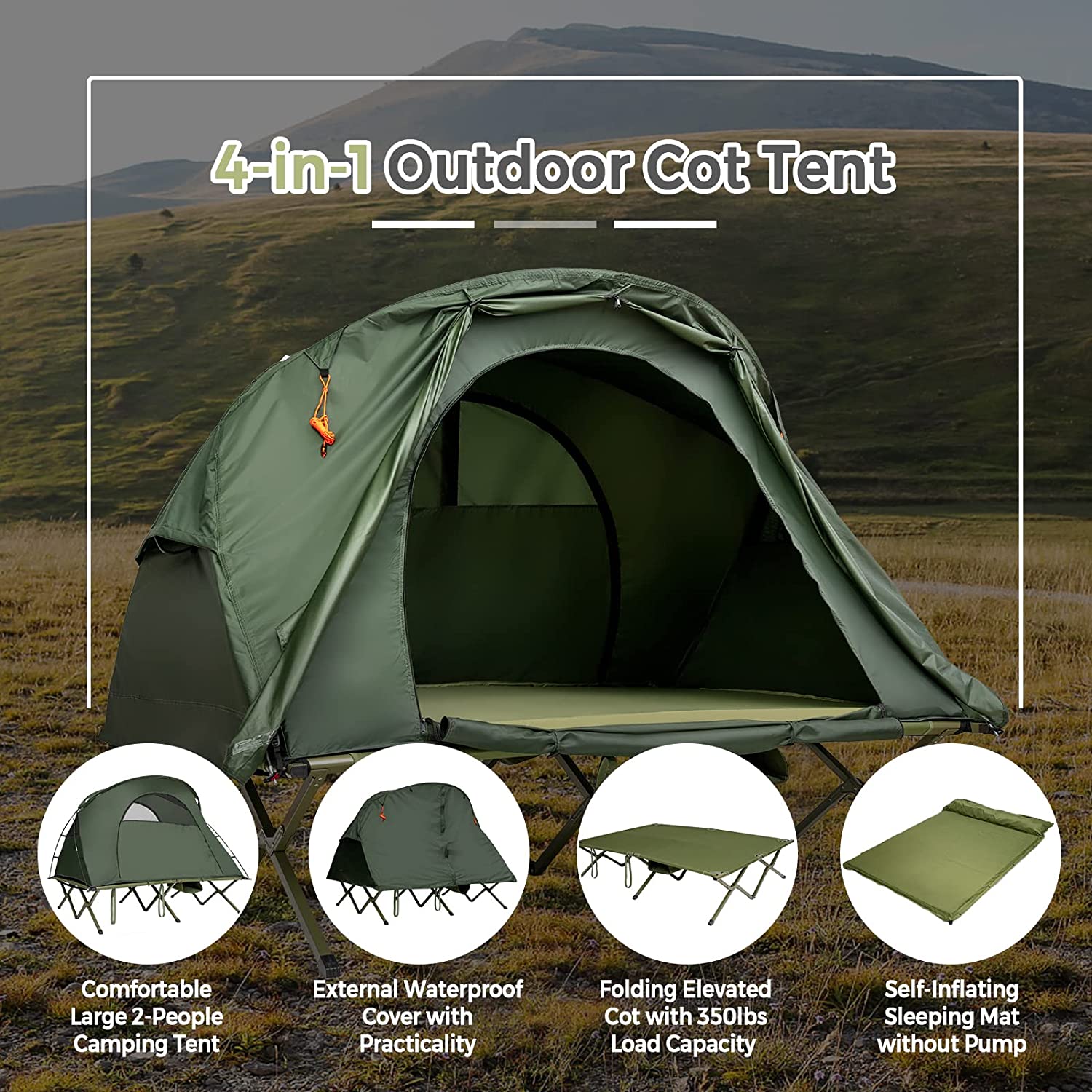 2-Person Green Outdoor Folding Camping Tent Elevated Tent with External Cover