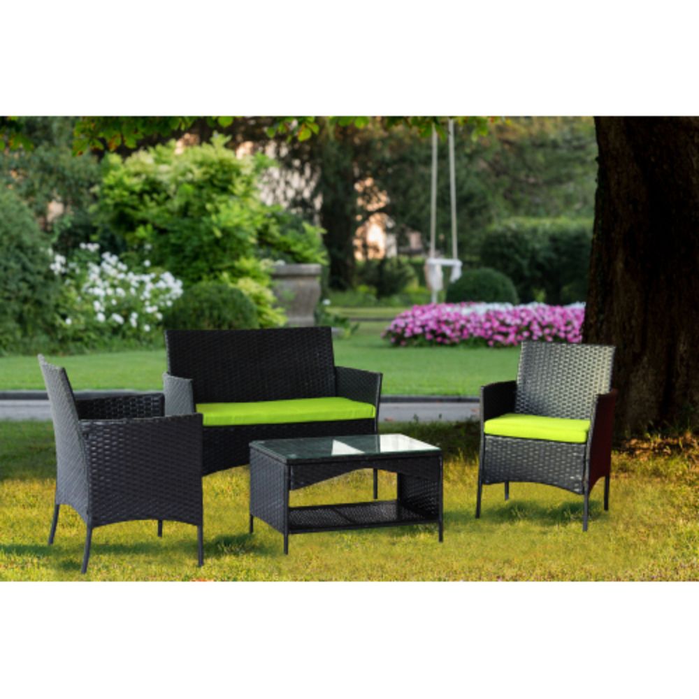 4-Piece Outdoor Wicker Conversation Furniture Set with Green Cushions and Tempered Glass Table