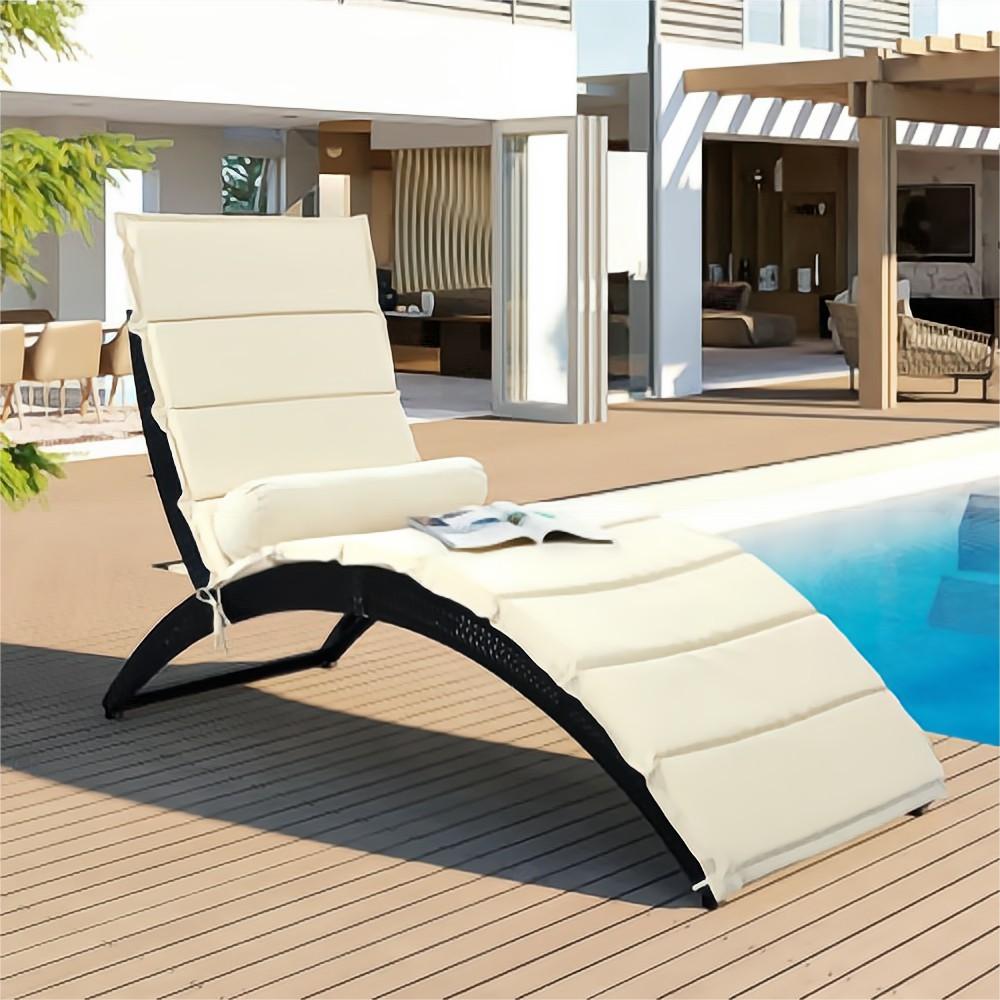 Black Wicker Outdoor Patio Sun Foldable Chaise Lounger with Beige Removable Cushion and Pillow
