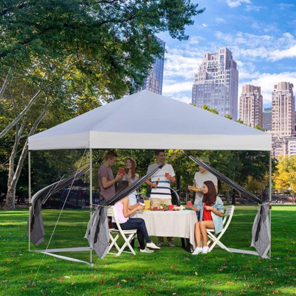 10 ft. x 10 ft. White Gazebo Pop Up Canopy with Mesh Curtains
