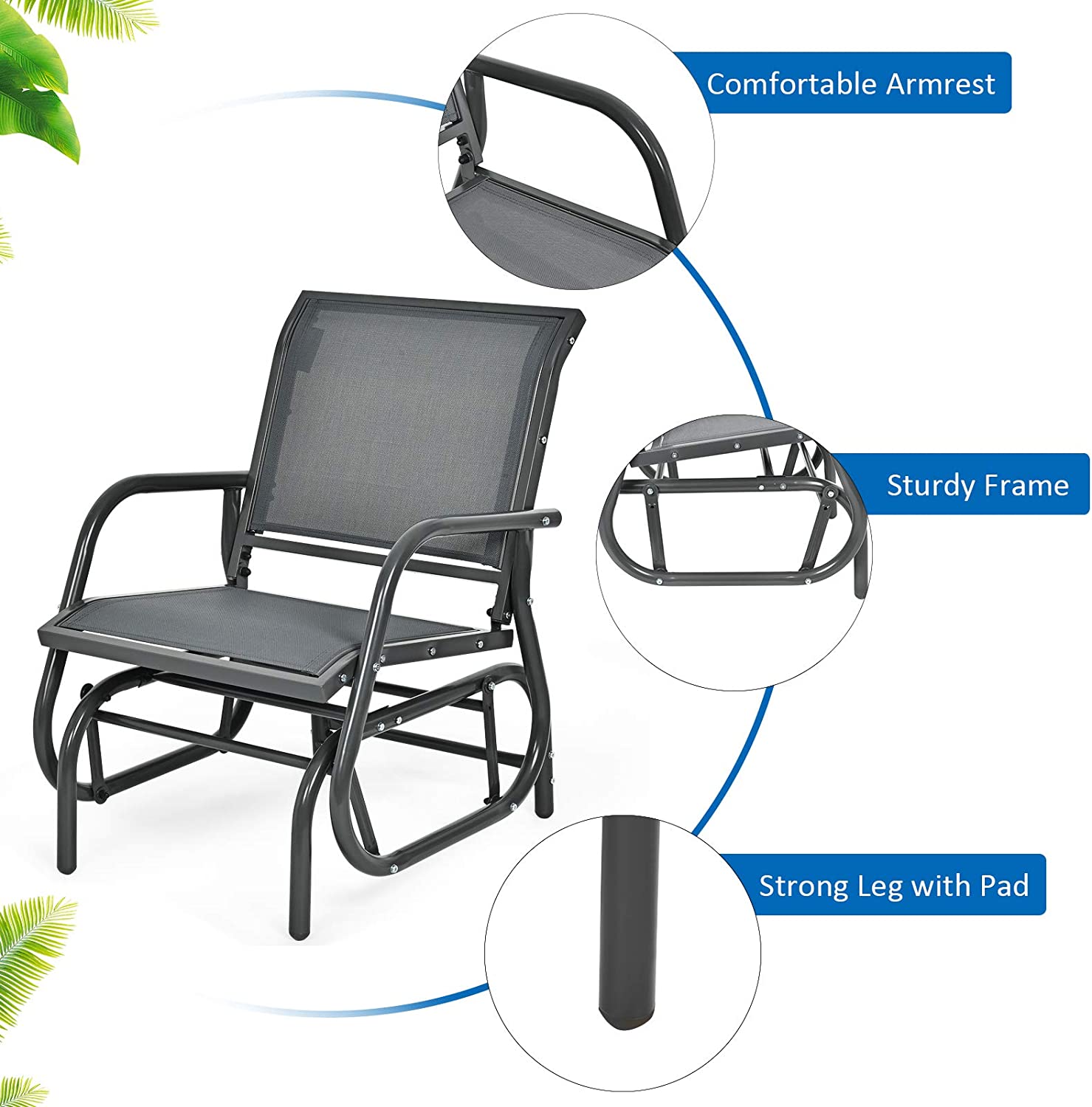 Outdoor Gray Metal Steel Single Swing Glider Rocking Chair with Armrest
