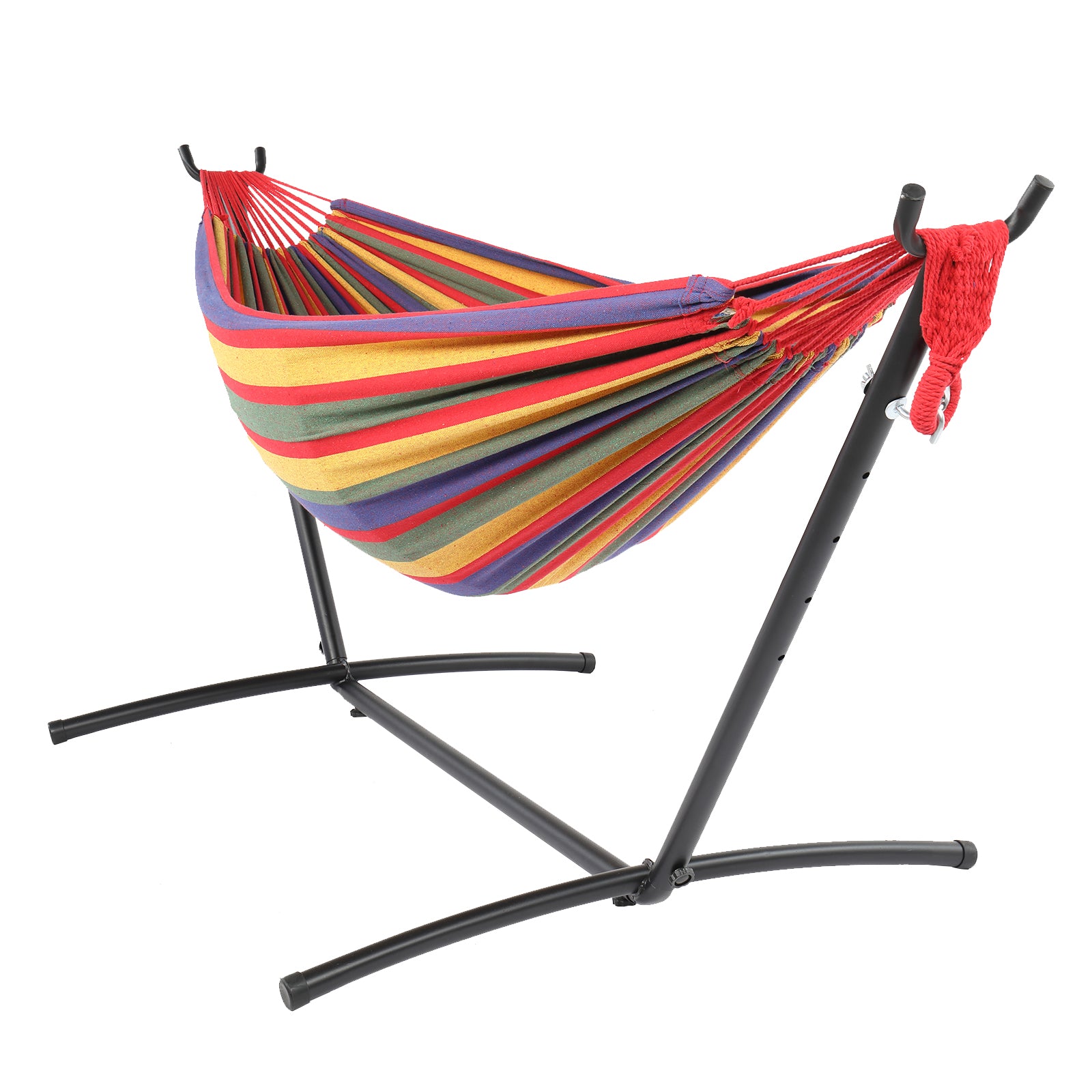 SUGIFT 9 ft Hammock Set, Black Steel Tube Outdoor Hammock with Rainbow Stripes Hammock Cloth