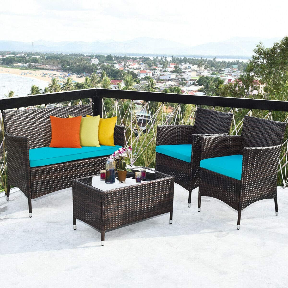 4-Piece Outdoor Wicker Conversation Furniture Set with Turquoise Cushions and Tempered Glass Table
