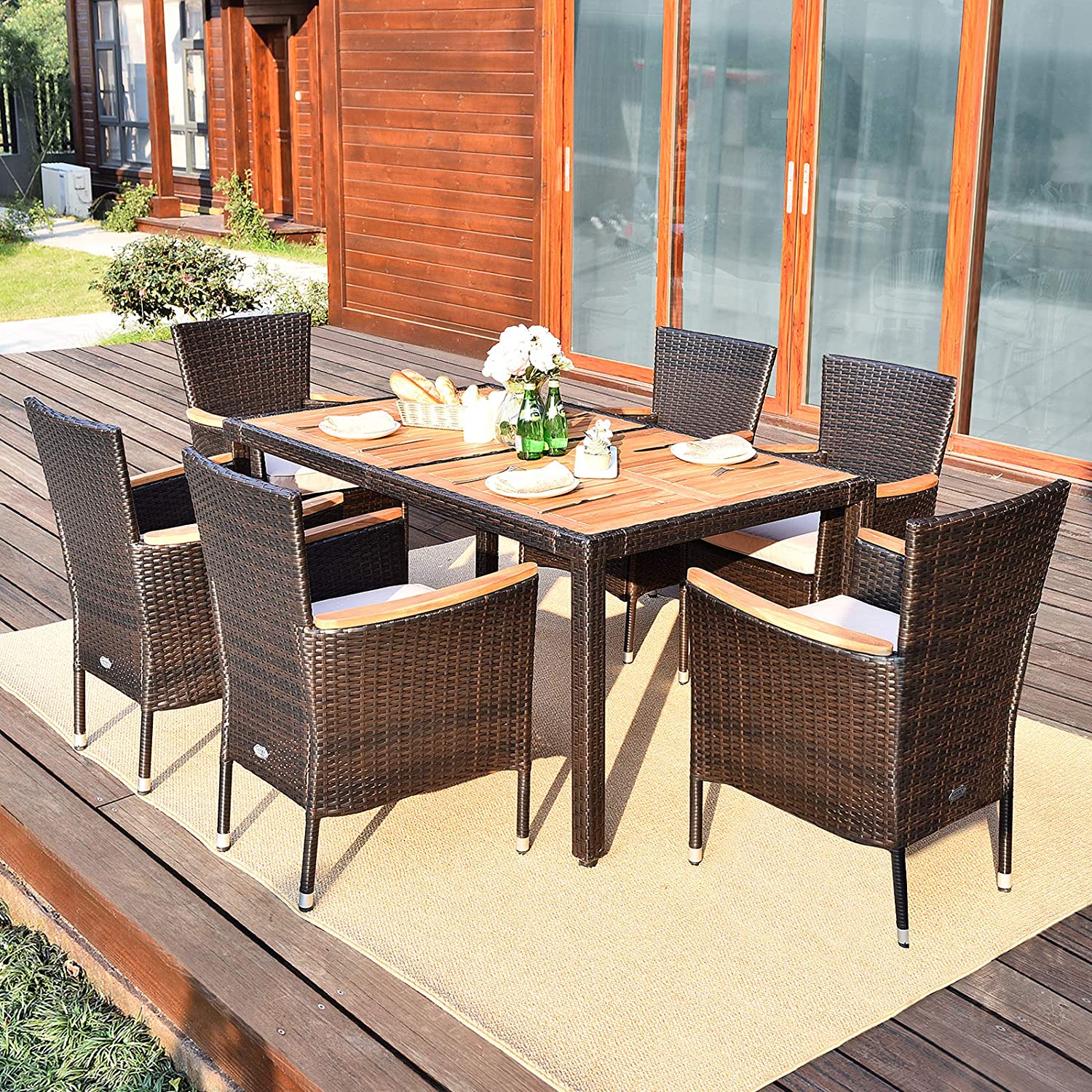 7-Piece Rattan Wicker Outdoor Dining Set with Beige Cushions