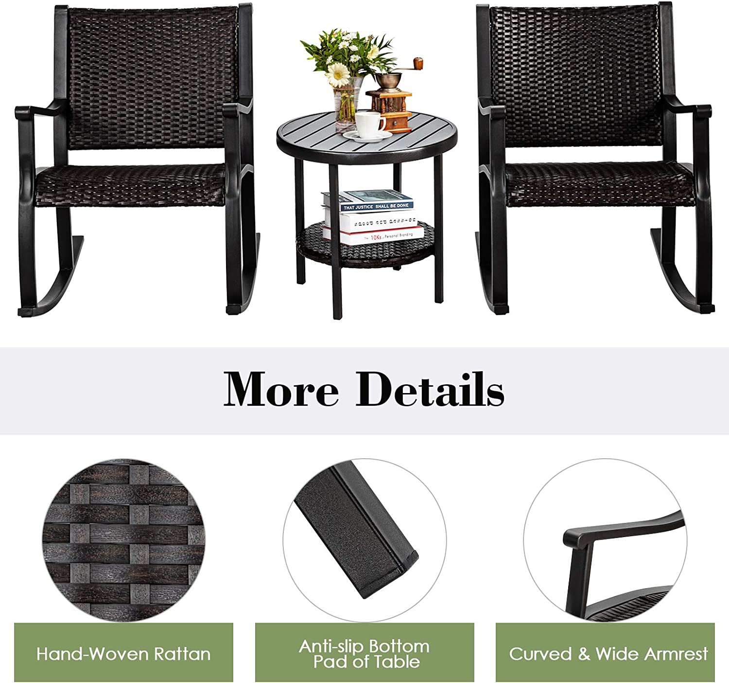 3-Piece Furniture Wicker Patio Conversation Set with Coffee Table and Rocking Chairs