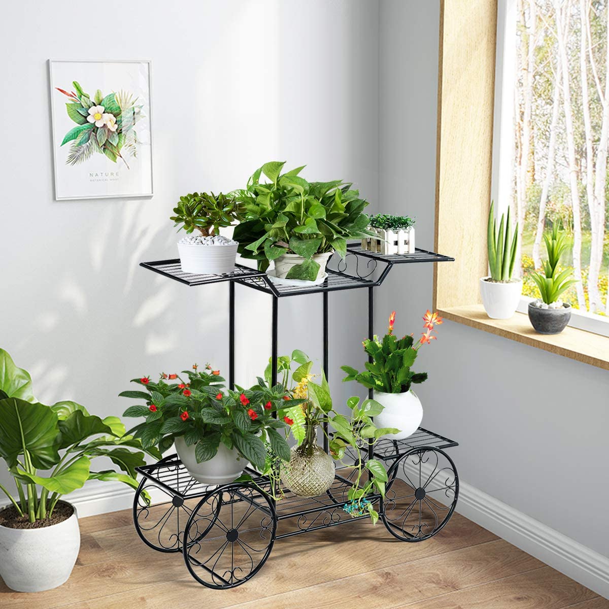 Black Metal Indoor/Outdoor Garden Cart Stand Flower Rack Display Decor Pot Plant Holder (6-Tier)