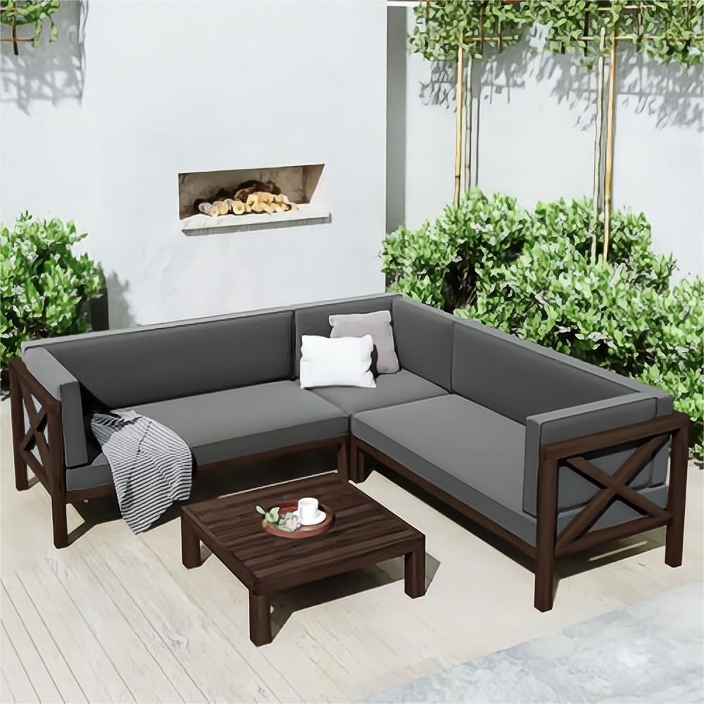 4-Piece Outdoor Wood Patio Backyard Sectional Seating Group with Gray Cushions and Table