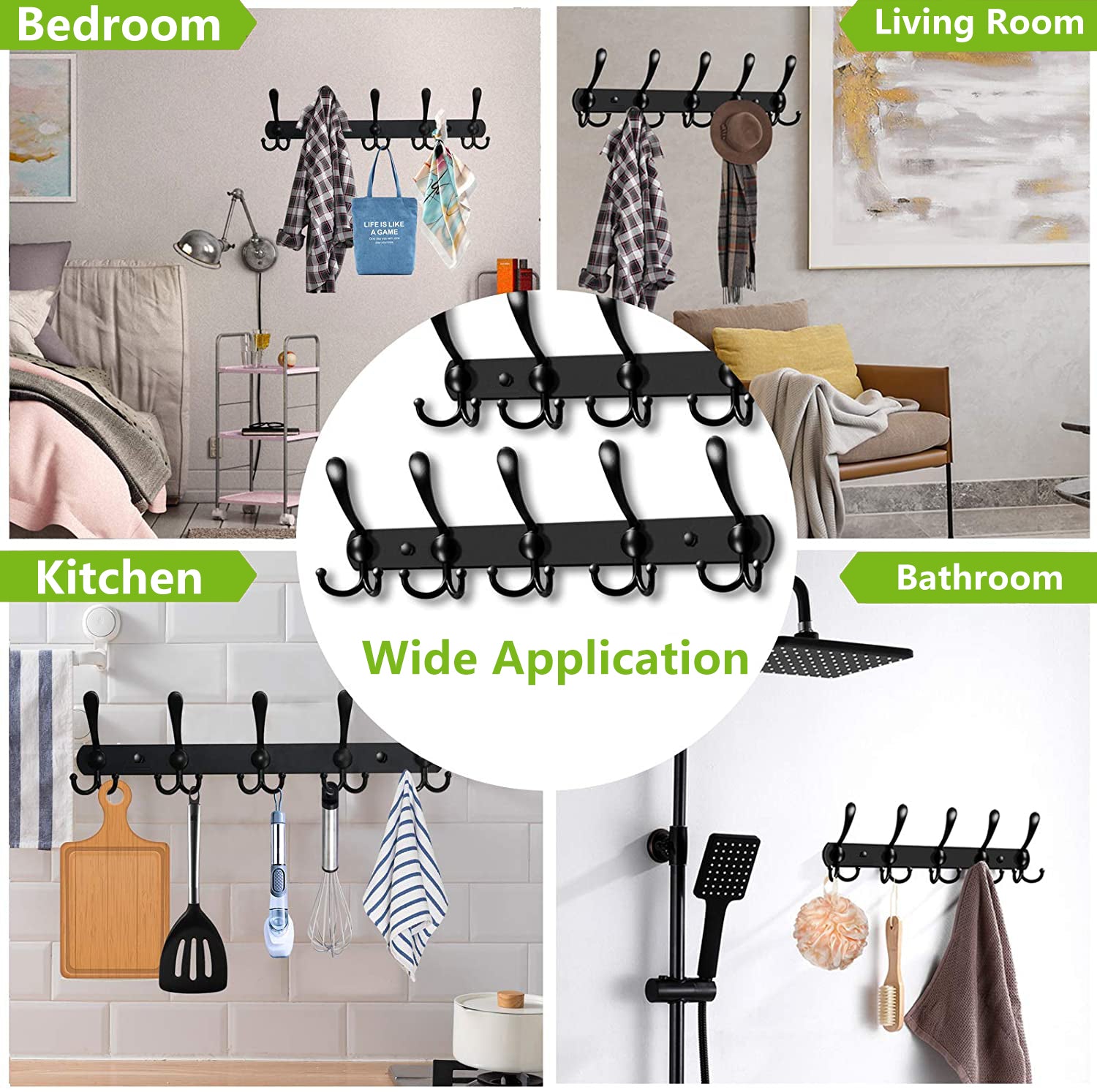 Coat Rack Wall Mount - 5 Tri Hooks,Stainless Steel Heavy Duty Coat Hat Hanger for Wall Organized and Storage,Black, 2 Packs