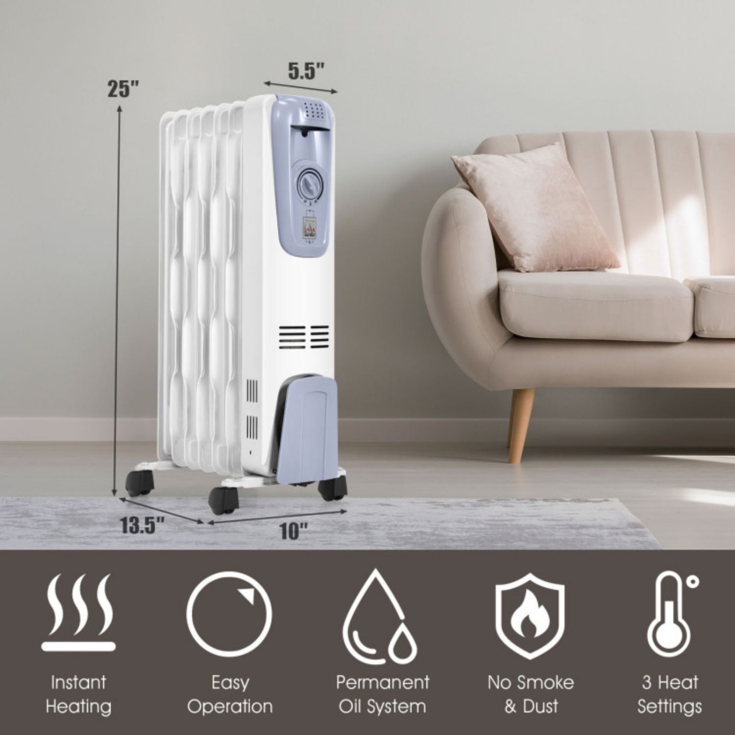 SUGIFT 1500W Oil Filled Radiator with Thermostat and 4 Bottom Wheels