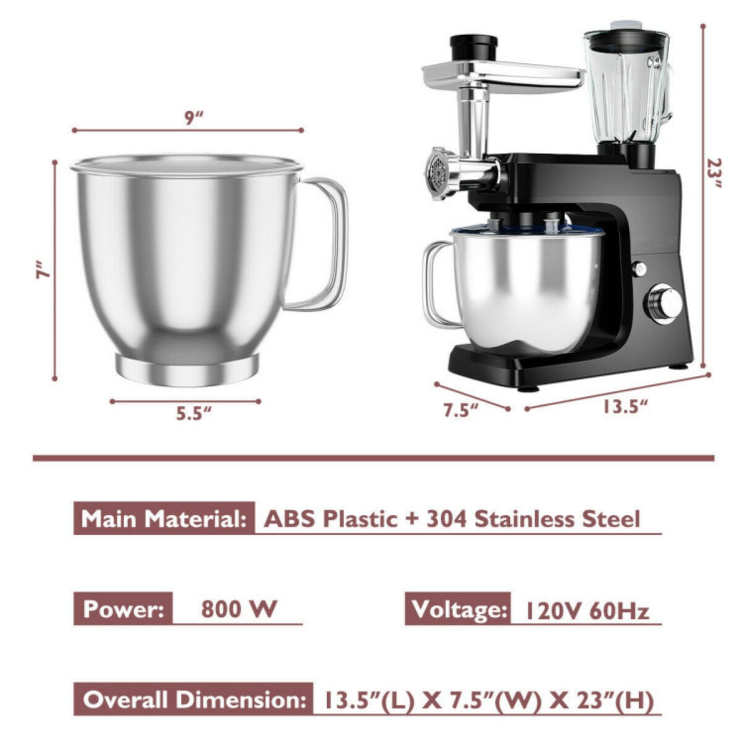 SUGIFT 3-in-1 Multi-functional 6-speed Tilt-head Food Stand Mixer-Black