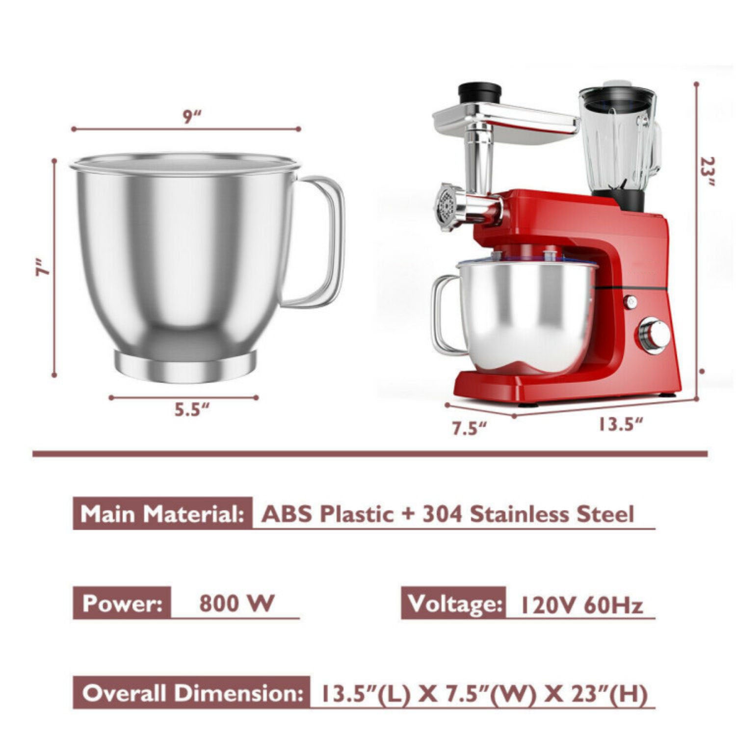 SUGIFT 3-in-1 Multi-functional 6-speed Tilt-head Food Stand Mixer-Red