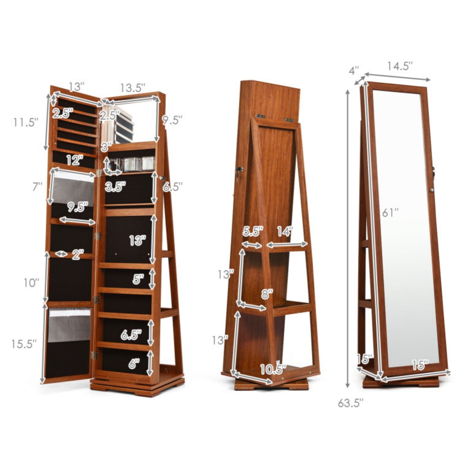 SUGIFT 360¡ã Rotatable 2-in-1 Lockable Jewelry Cabinet with Full-Length Mirror-Brown