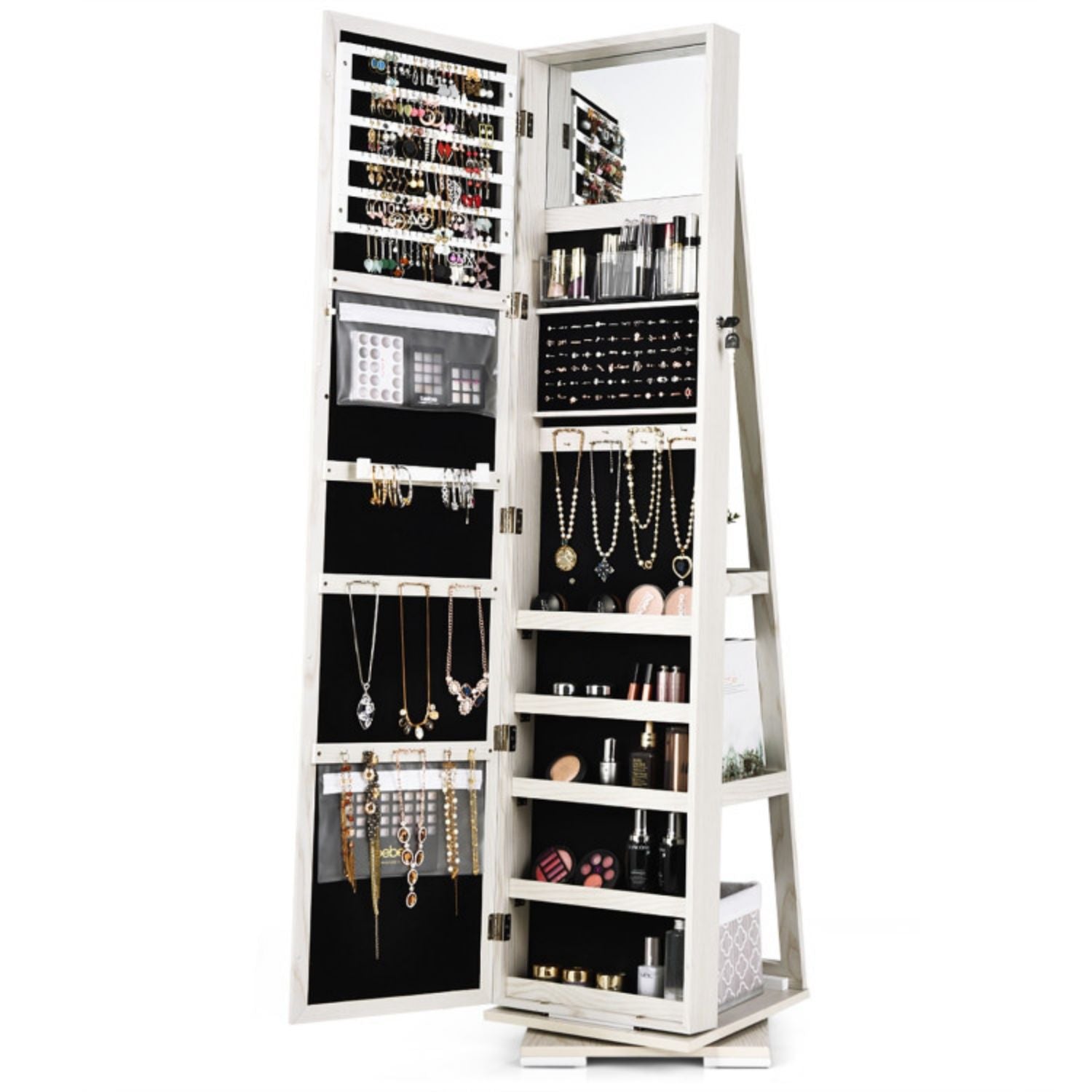 SUGIFT 360¡ã Rotatable 2-in-1 Lockable Jewelry Cabinet with Full-Length Mirror-White