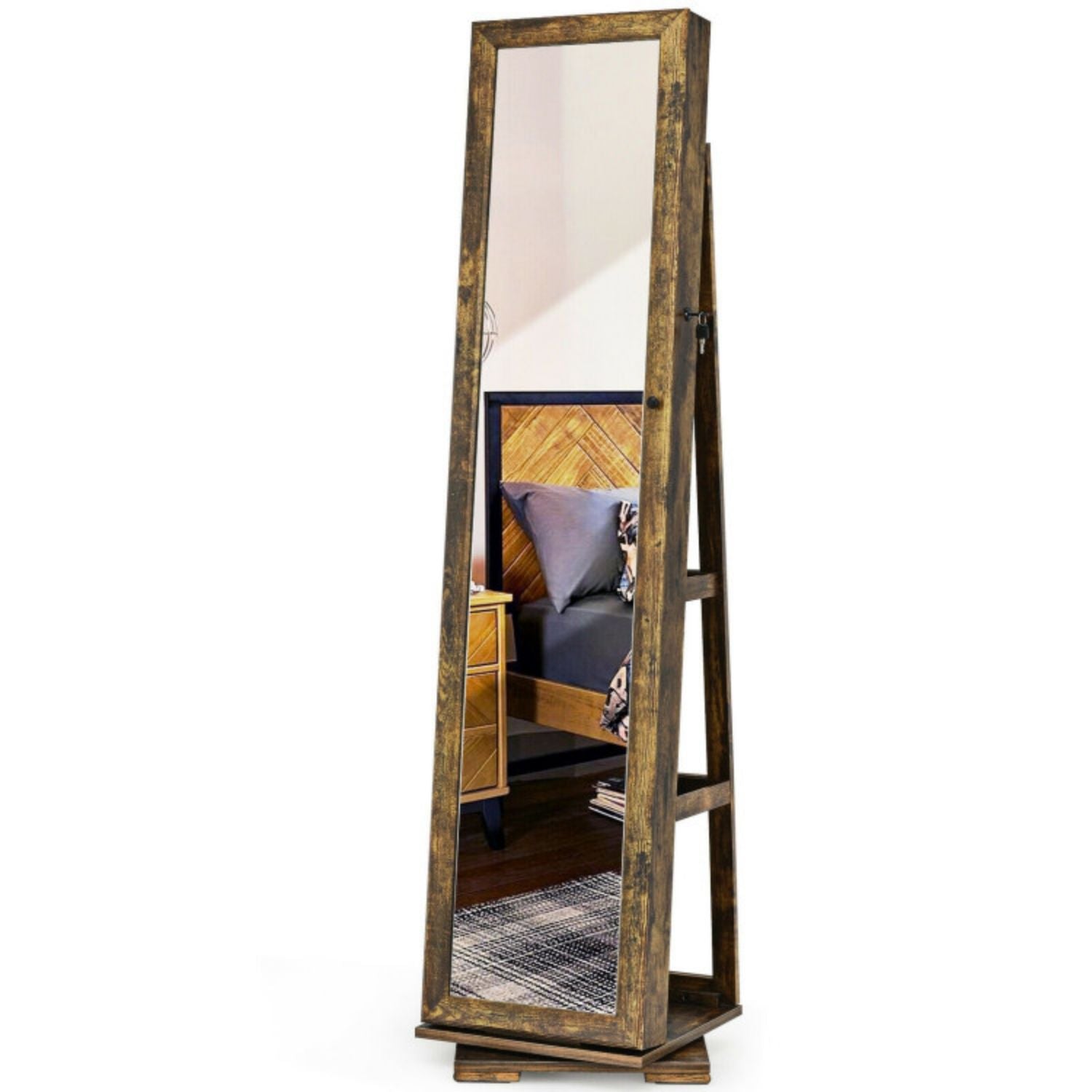 SUGIFT 360¡ã Rotatable 2-in-1 Lockable Jewelry Cabinet with Full-Length Mirror-Rustic Brown