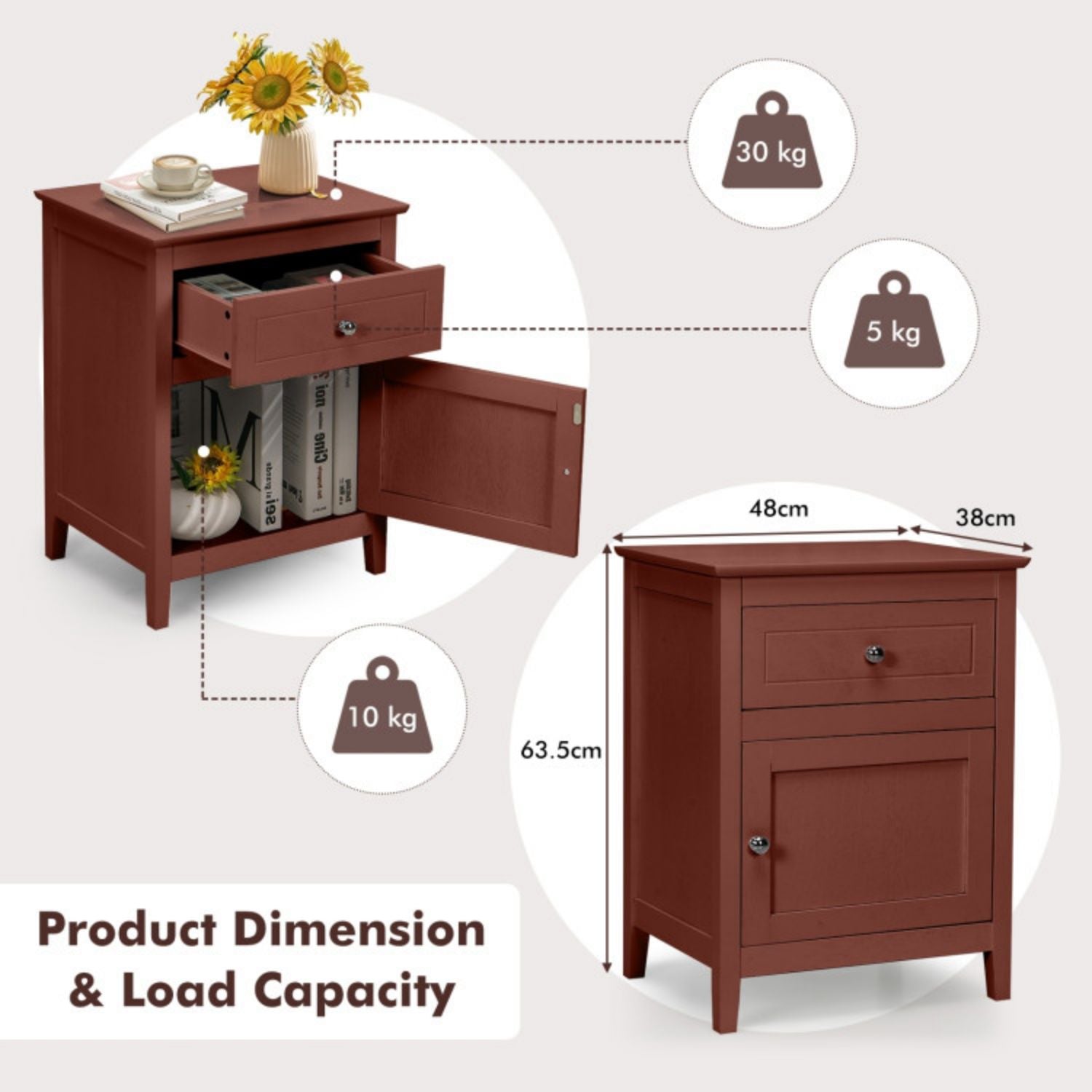 SUGIFT 2-Tier Accent Table with Spacious Tabletop-Cherry