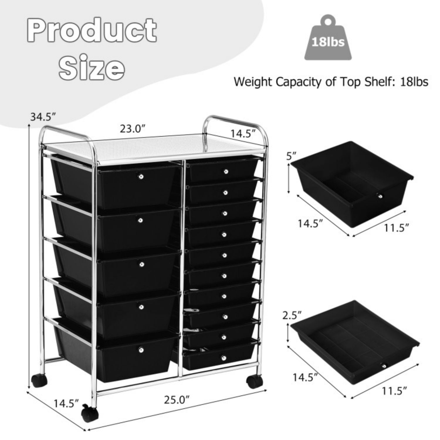 SUGIFT 15-Drawer Utility Rolling Organizer Cart Multi-Use Storage-Black