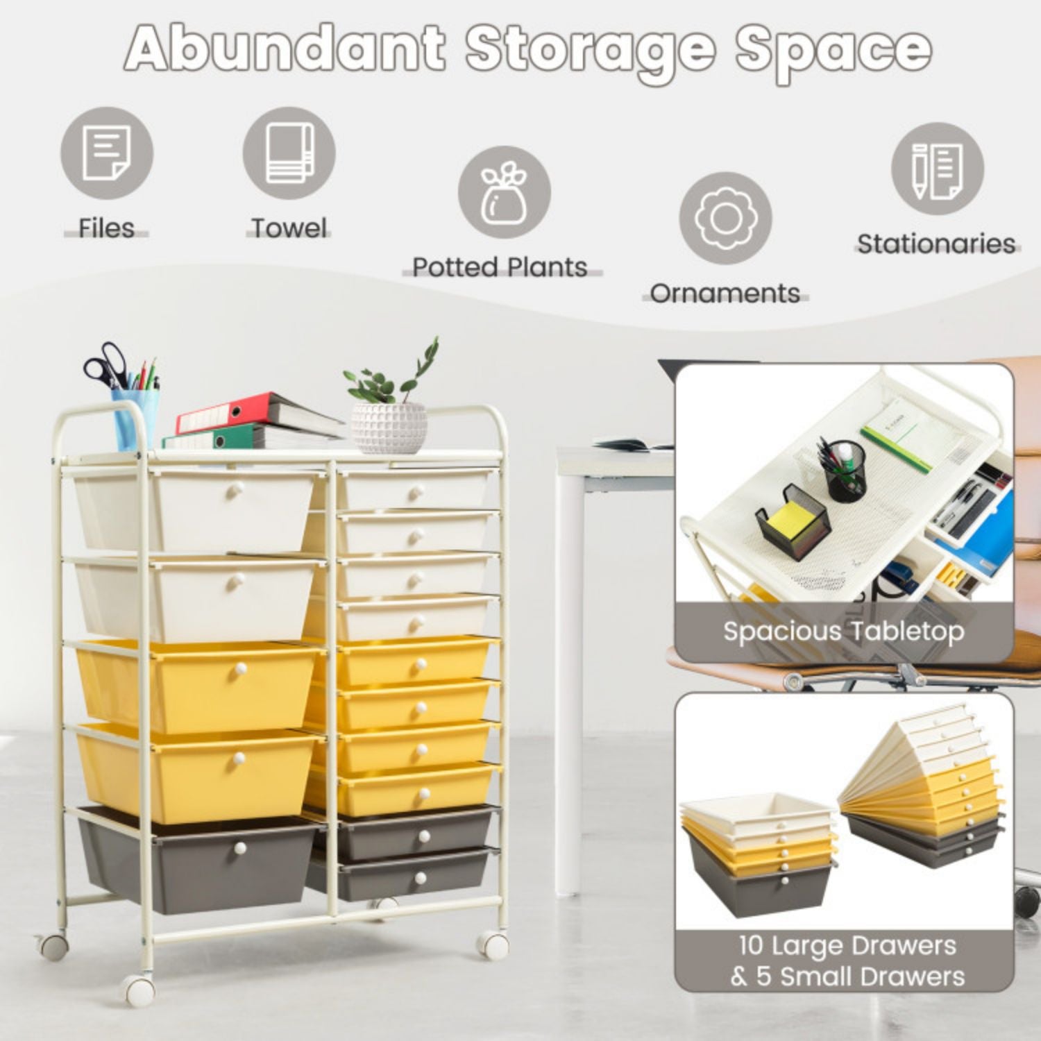 SUGIFT 15-Drawer Storage Rolling Organizer Cart-Yellow