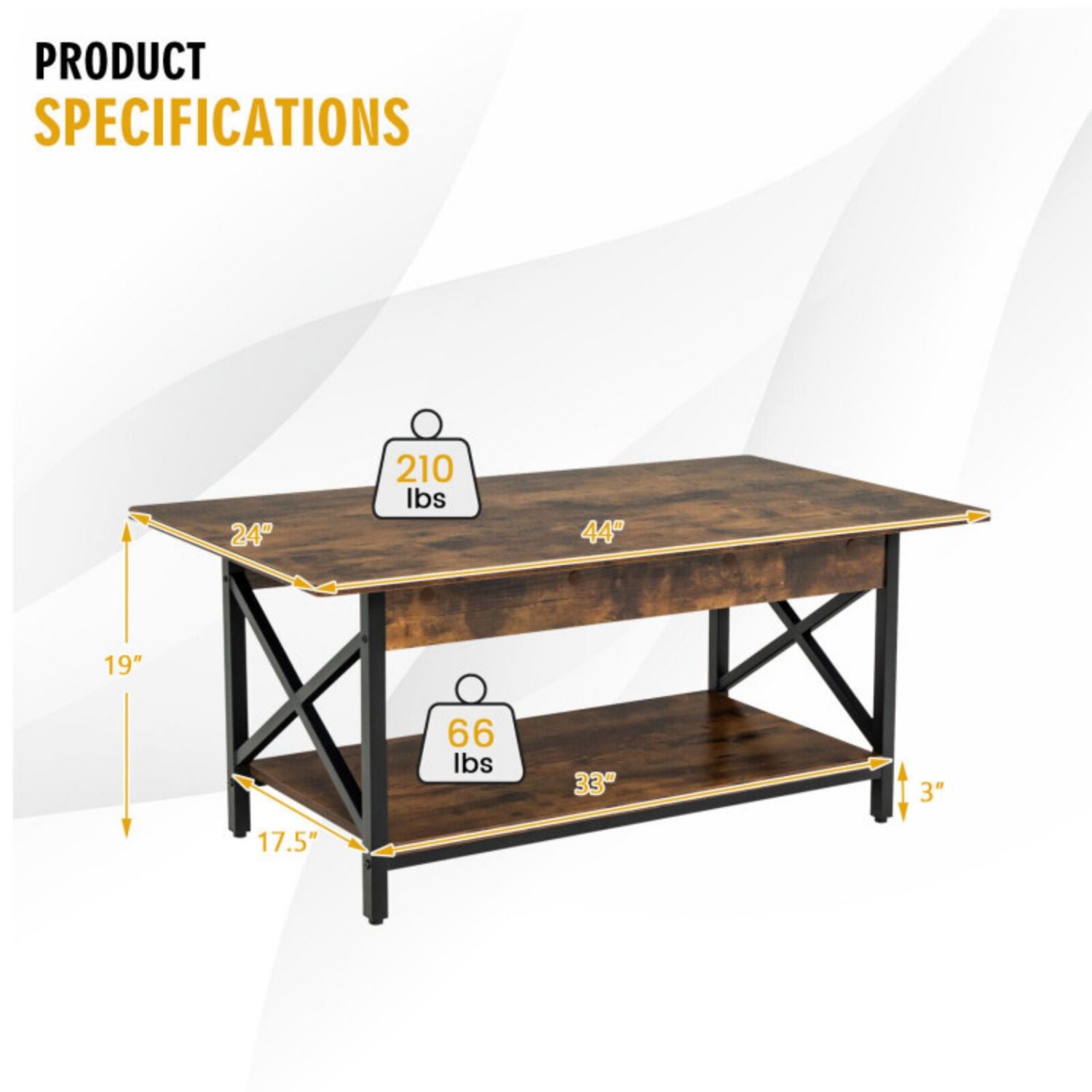 SUGIFT 2-Tier Industrial Rectangular Coffee Table with Storage Shelf-Rustic Brown