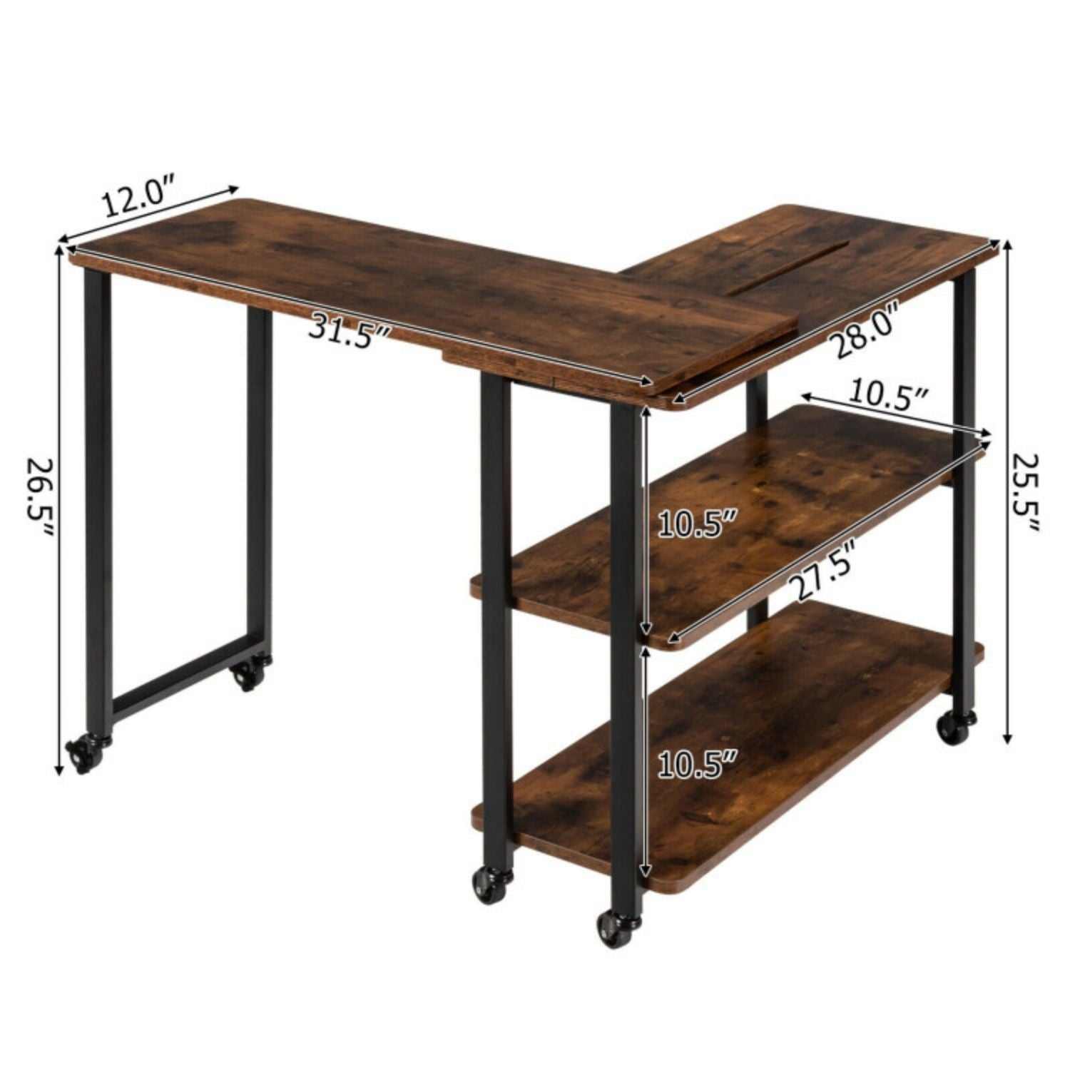 SUGIFT 360¡ã Rotating Sofa Side Table with Storage Shelves and Wheels-Rustic Brown