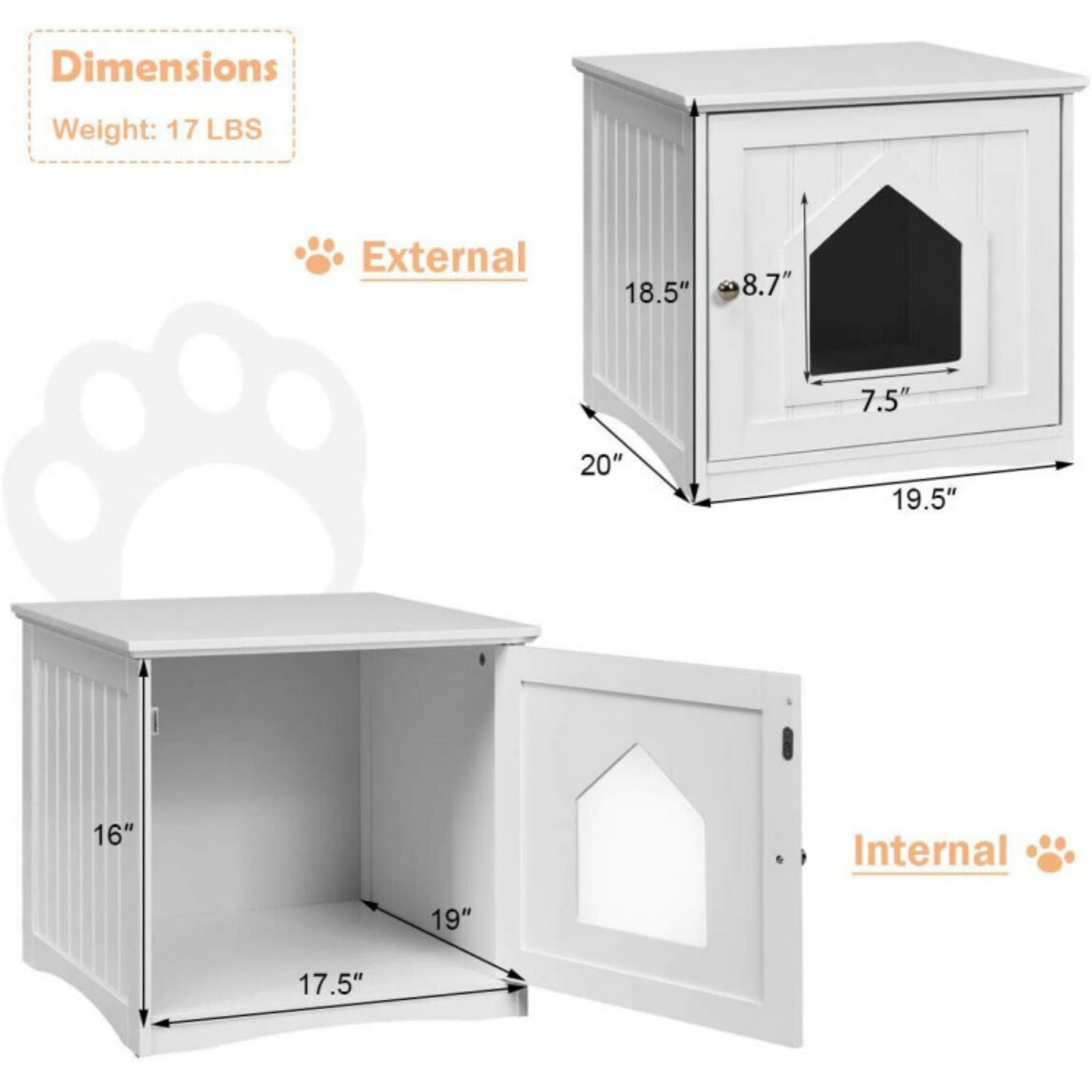 SUGIFT Sidetable Nightstand Weatherproof Multi-function Cat House-White