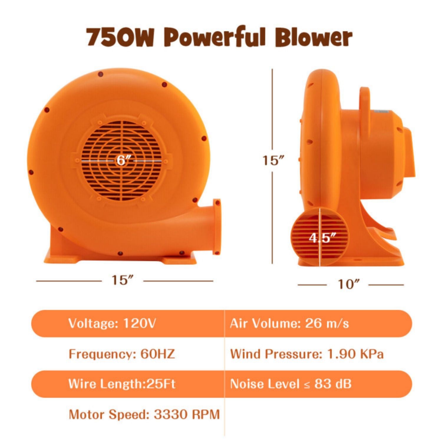 SUGIFT 0.5HP/0.7HP/1.0HP Air Blower for Inflatables with 25 feet Wire and GFCI Plug-1.0HP