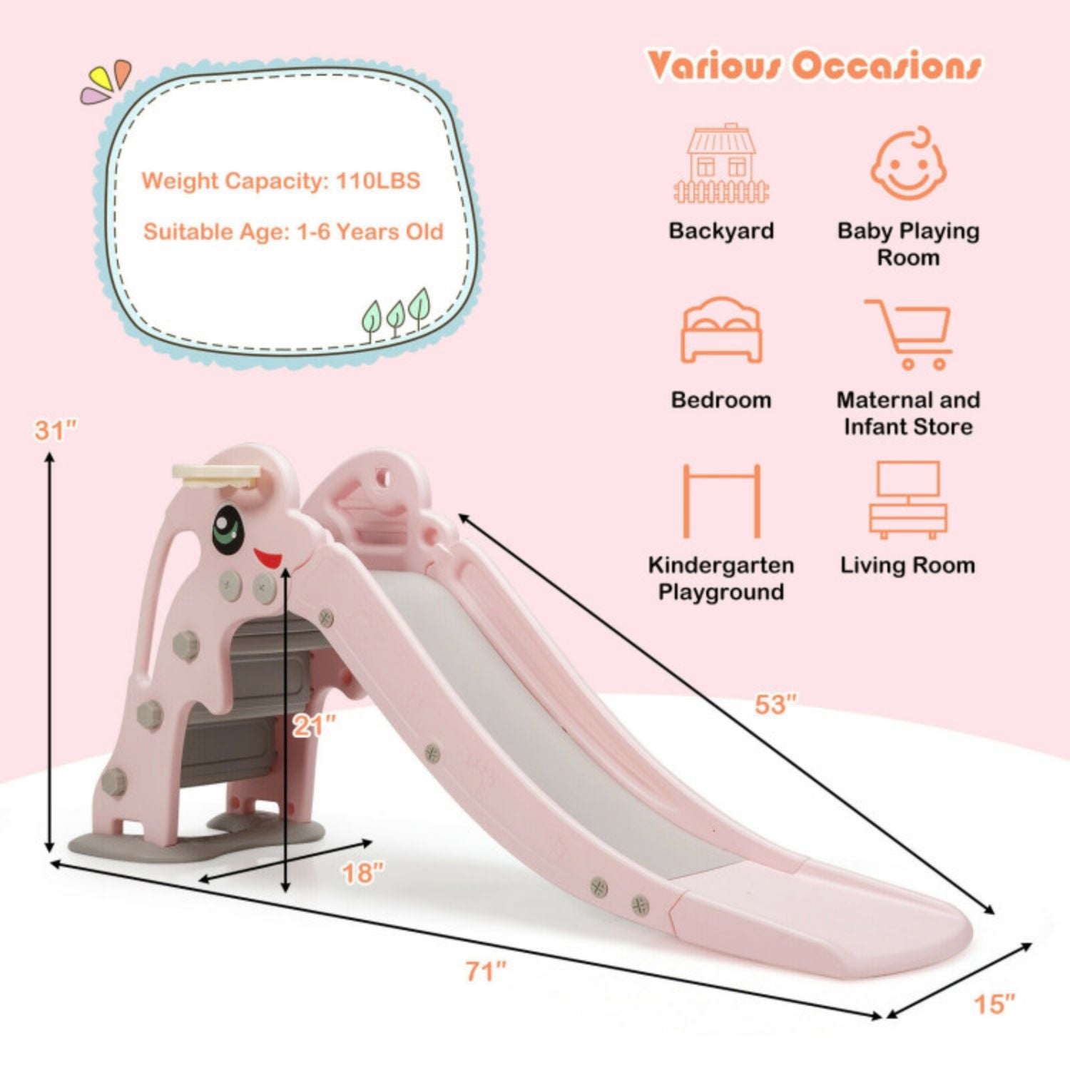 SUGIFT 3-in-1 Kids Climber Slide Play Set? with Basketball Hoop and Ball-Pink