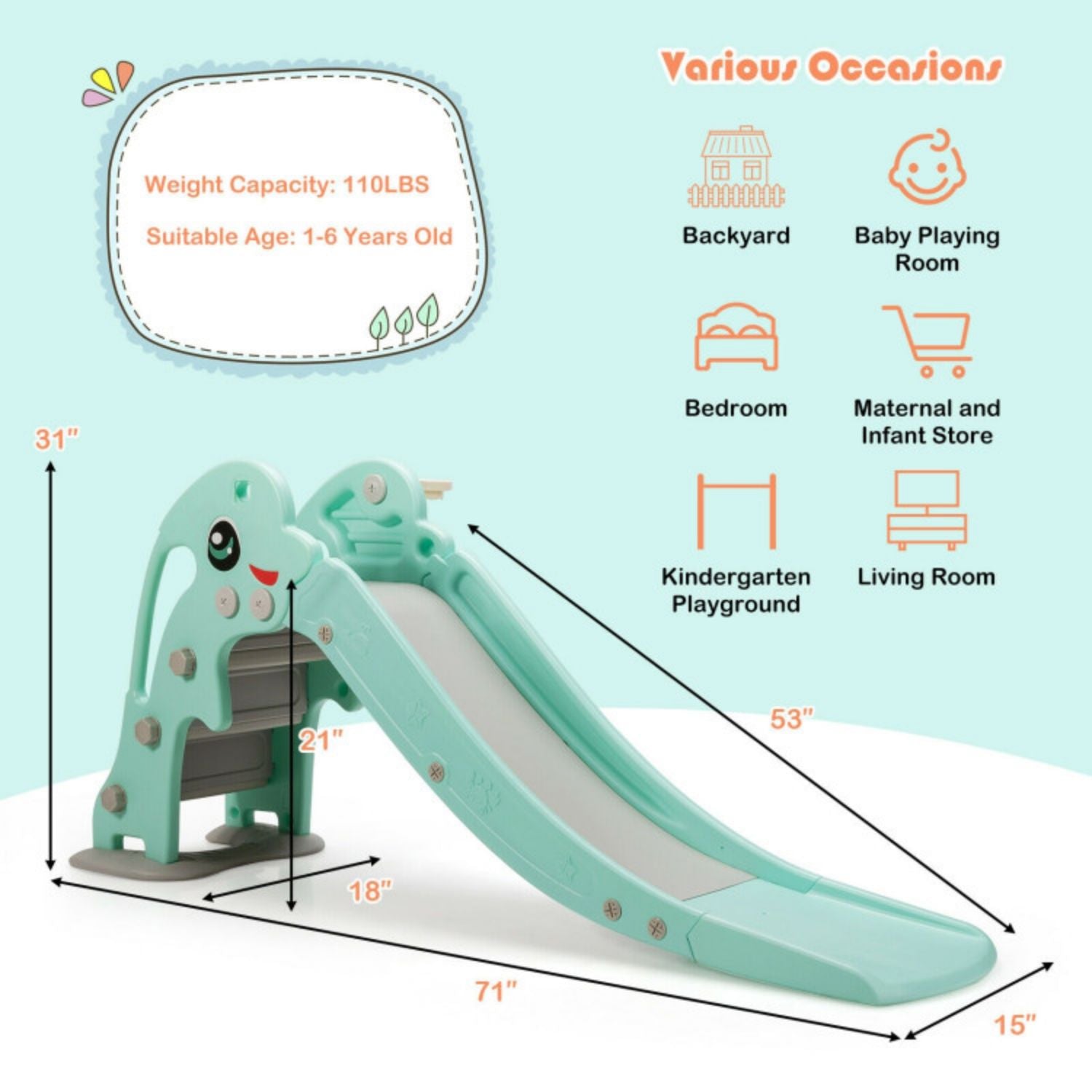 SUGIFT 3-in-1 Kids Climber Slide Play Set? with Basketball Hoop and Ball-Green