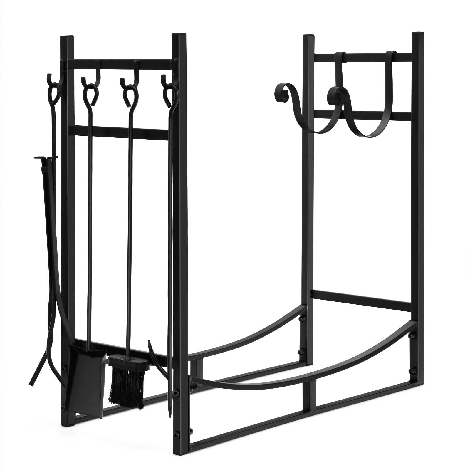 13 in. D x 30 in. W x 30 in. H Black Steel Firewood Rack with 4 Fireplace Tools