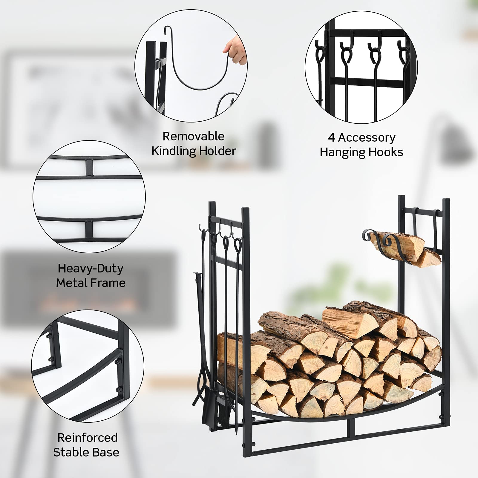 13 in. D x 30 in. W x 30 in. H Black Steel Firewood Rack with 4 Fireplace Tools