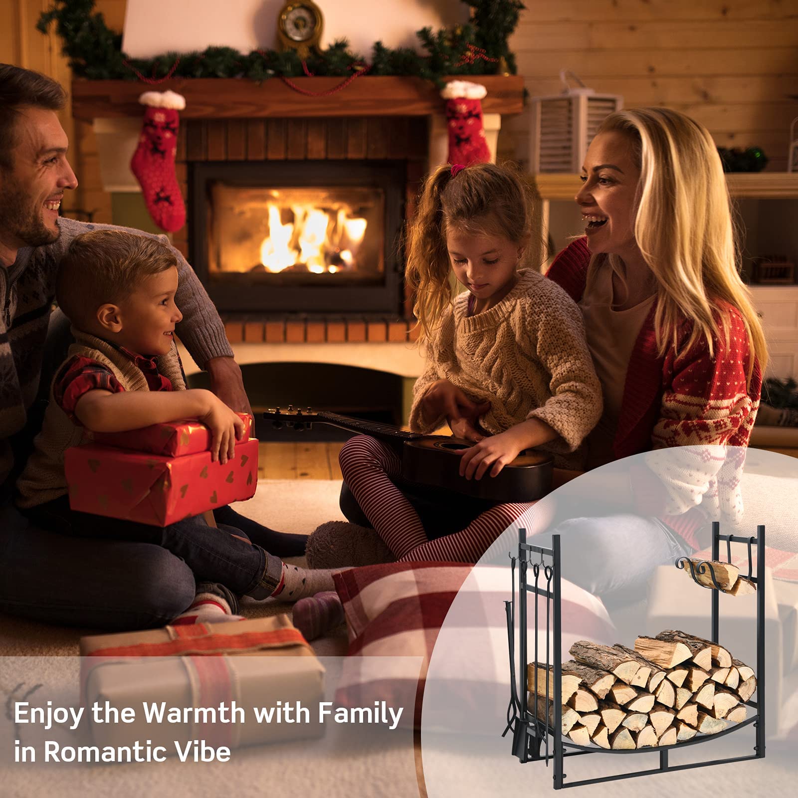 13 in. D x 30 in. W x 30 in. H Black Steel Firewood Rack with 4 Fireplace Tools