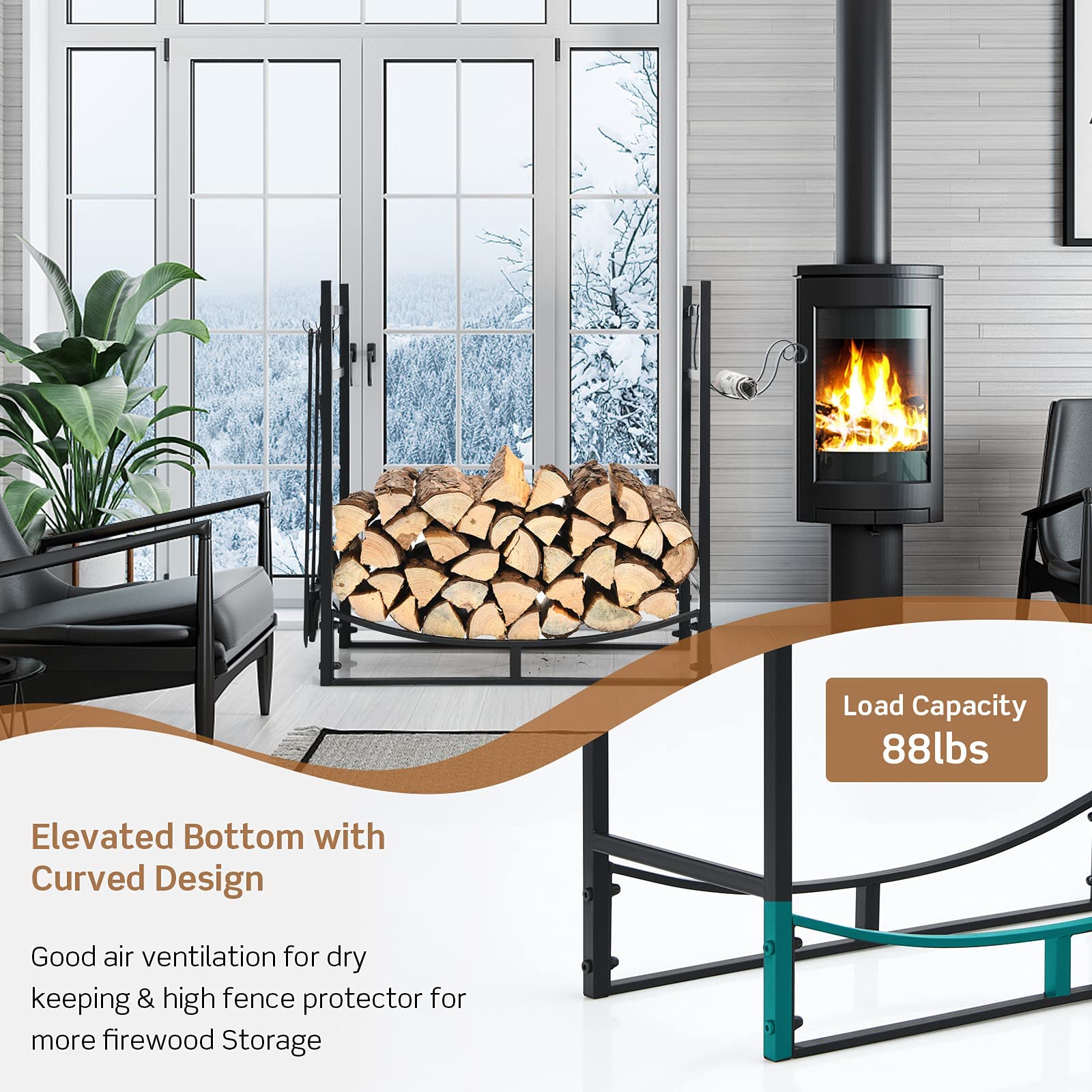 13 in. D x 30 in. W x 30 in. H Black Steel Firewood Rack with 4 Fireplace Tools