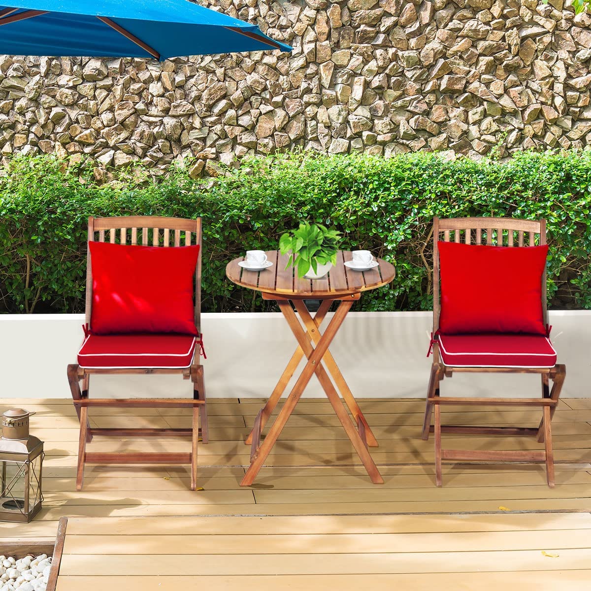 3-Piece Patio Folding Wooden Outdoor Bistro Set with Red Cushions