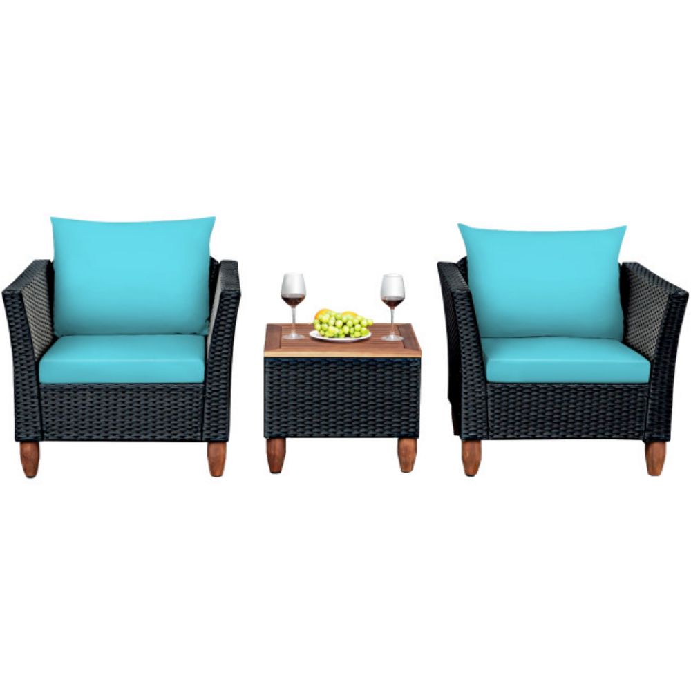 3-Pieces Rattan Outdoor Patio Conversation Set with Turquoise Cushions