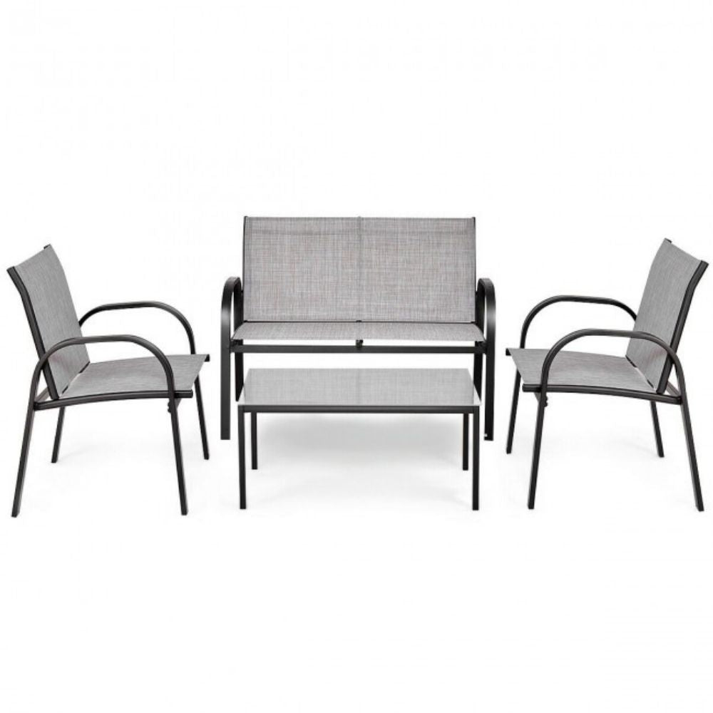 Gray 4-Piece Metal Furniture Patio Conversation Set with Glass Top Coffee Table