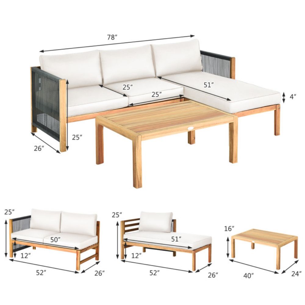 3-Piece Acacia Wood Patio Conversation Set Sofa with White Cushions