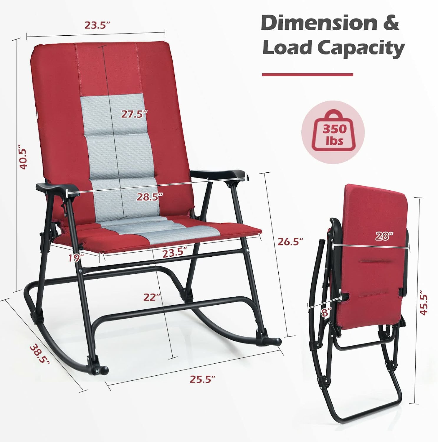 Metal Foldable Padded Portable Camping Outdoor Rocking Chair in Red with Backrest and Armrest