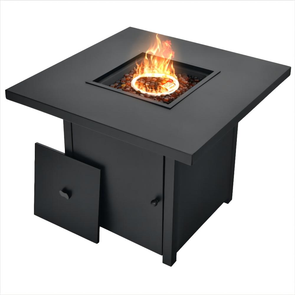 32 in. Outdoor Steel Square Propane Gas Fire Pit Table with Lid and Fire Glass