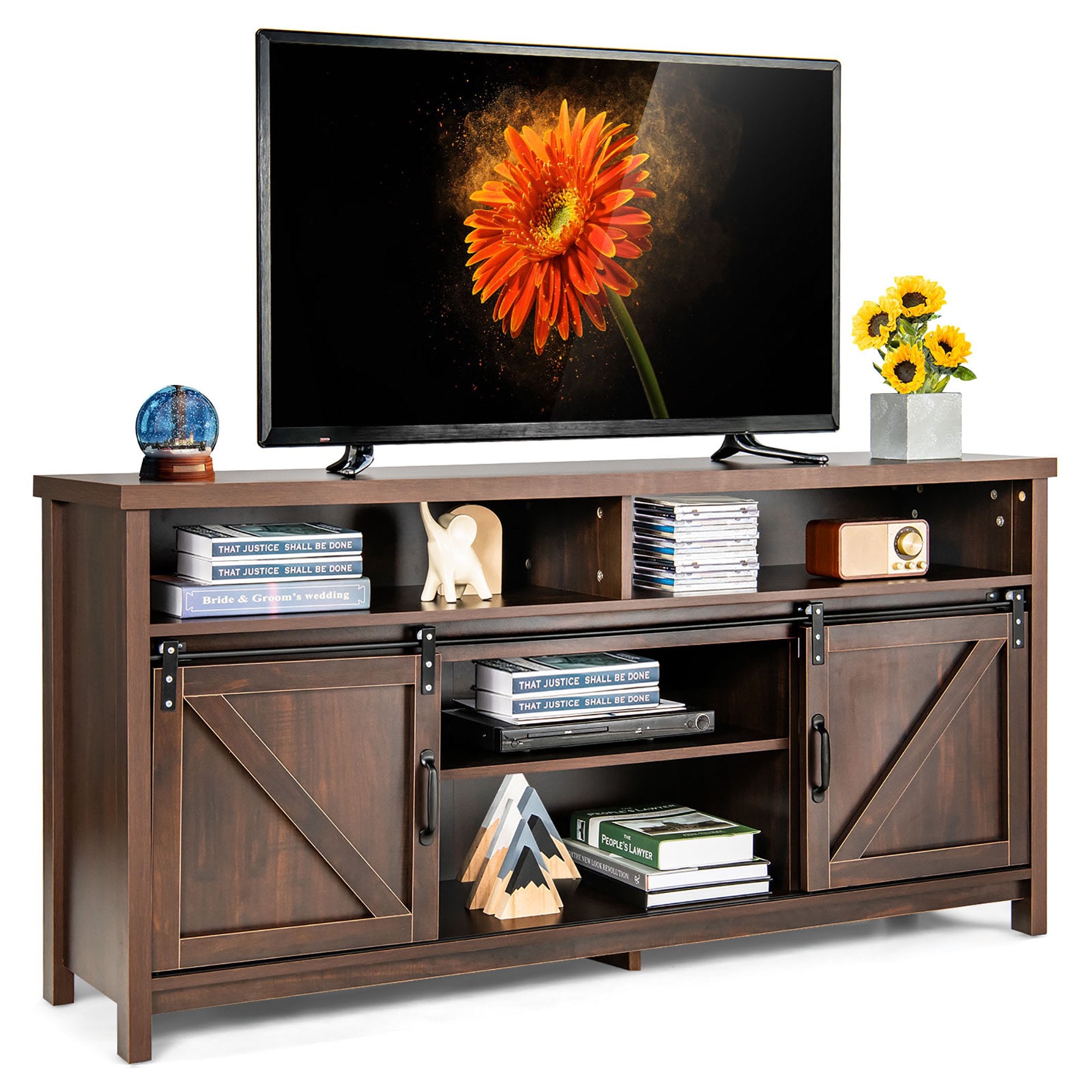 SUGIFT 59 Inch TV Stand with Sliding Double Barn Door for TVs up to 65 Inch Brown