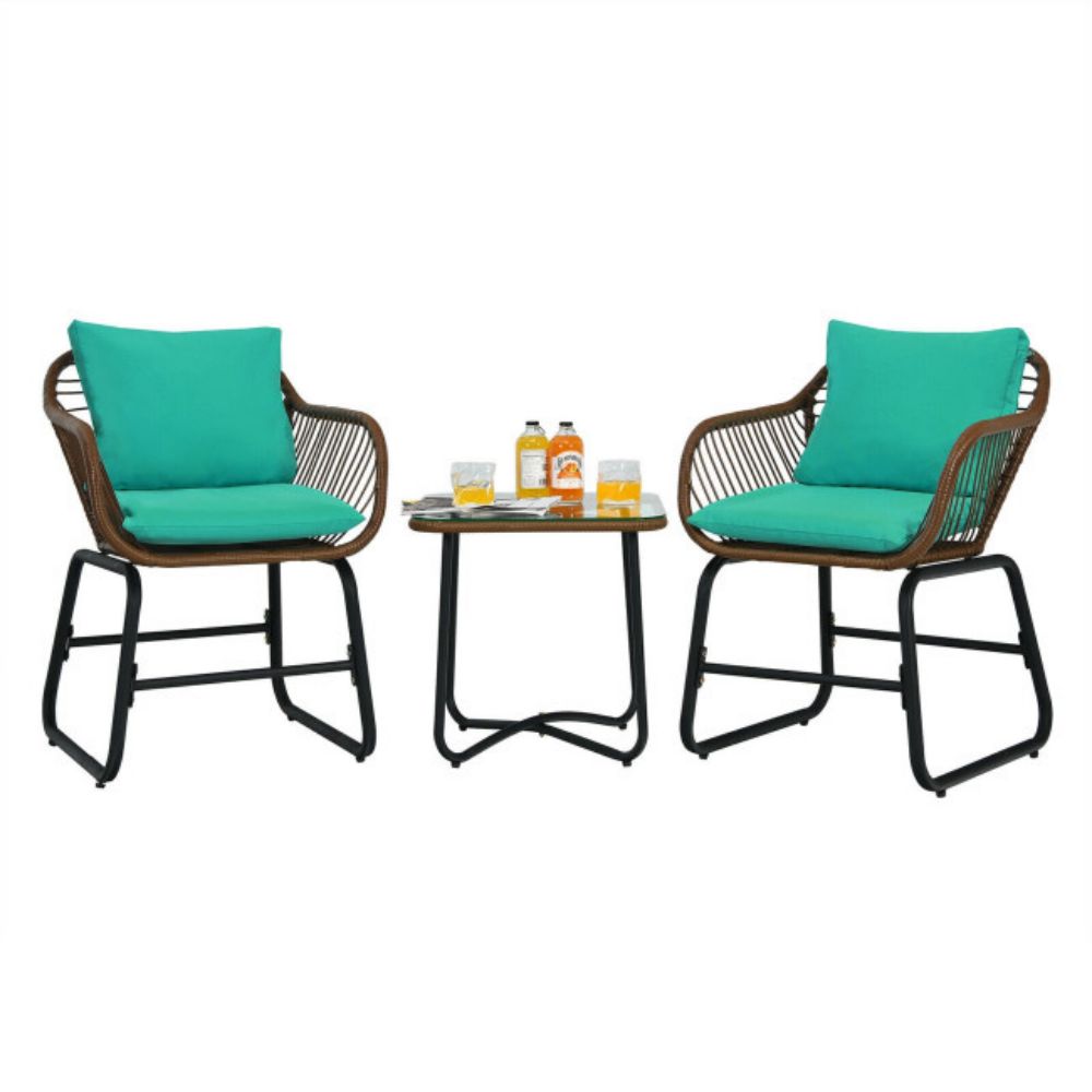 3-Piece Wicker Outdoor Bistro Bistro Set with Turquoise Cushion and Glass Table